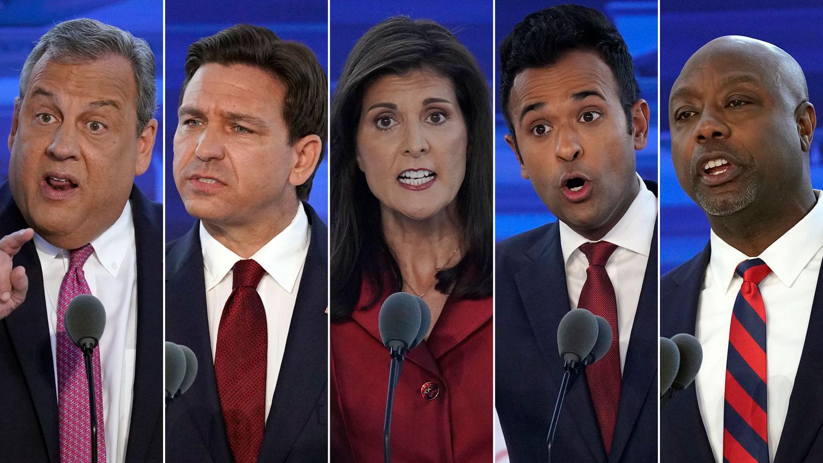 From left: former New Jersey Gov. Chris Christie, Florida Gov. Ron DeSantis, former South Carolina Gov. Nikki Haley, entrepreneur Vivek Ramaswamy and US Sen. Tim Scott