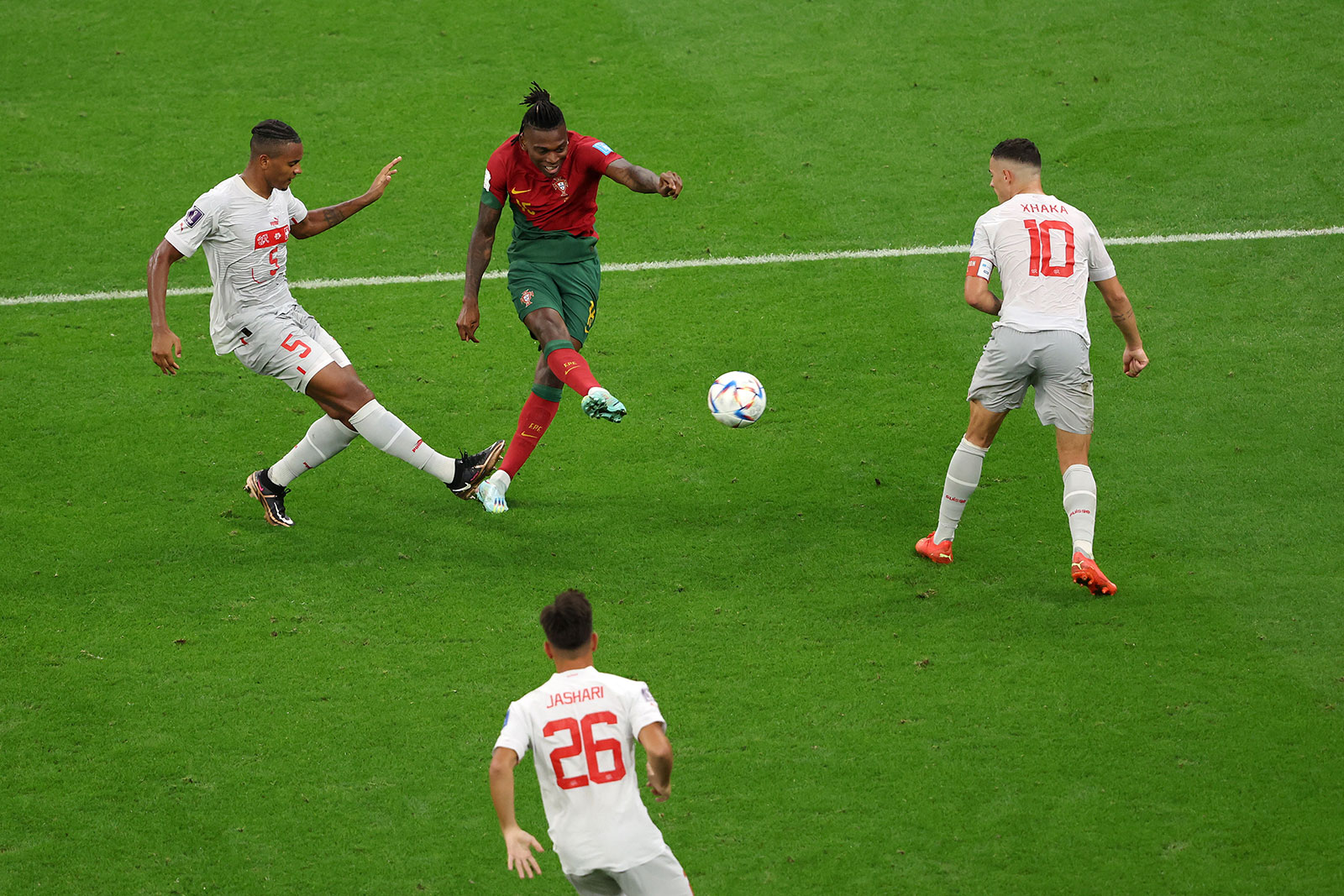 Rafael Leão scores Portugal’s sixth goal.