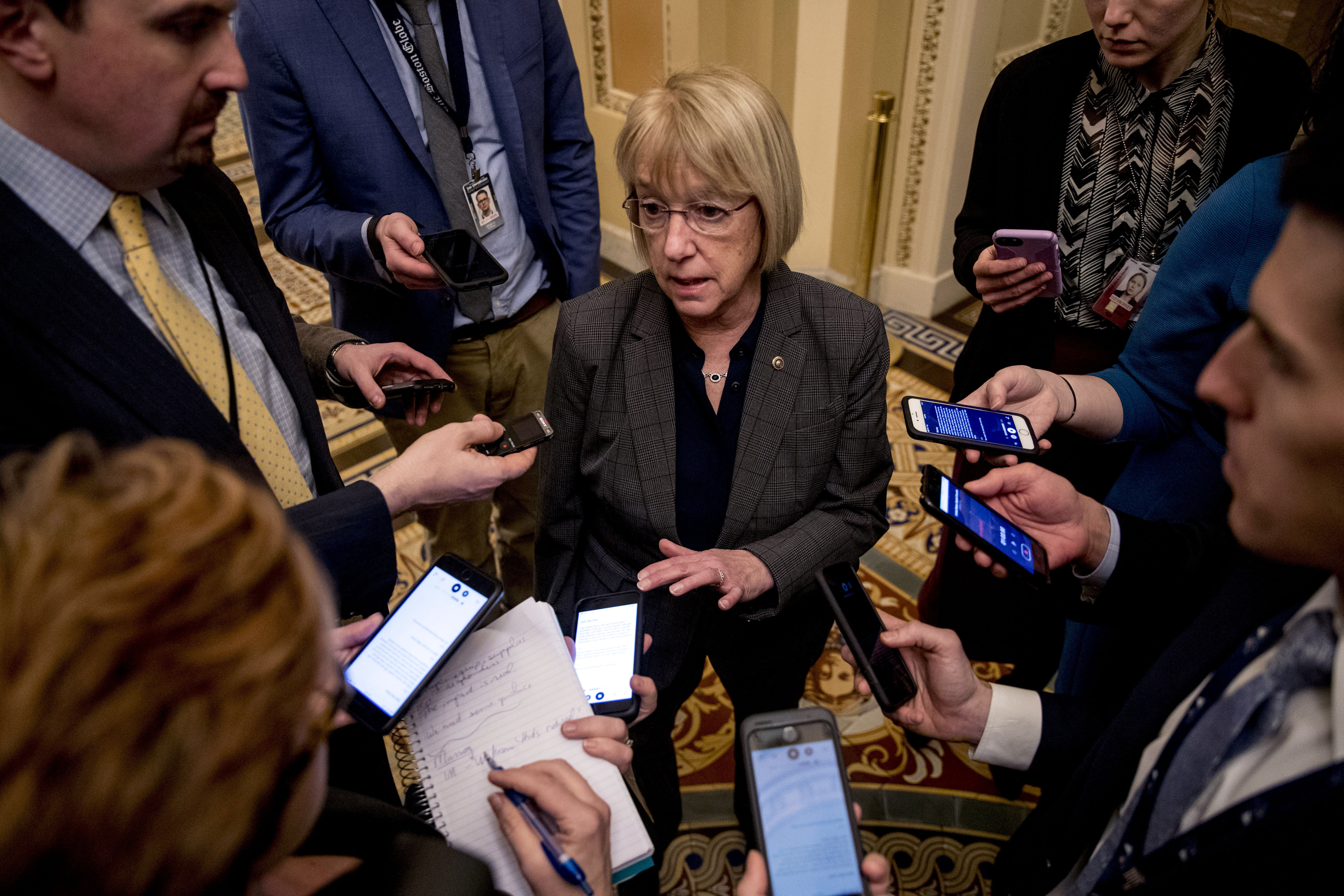Sen. Patty Murray speaks with reporters after meeting with Vice President Mike Pence in Washington on Tuesday.