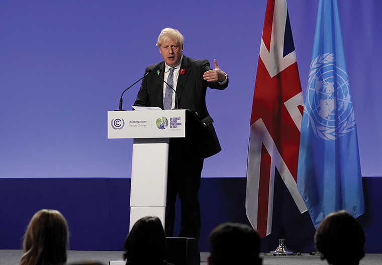British Prime Minister Boris Johnson speaking at the COP26 U.N. Climate Summit, in Glasgow, Scotland, on Tuesday, Nov. 2, 2021. 