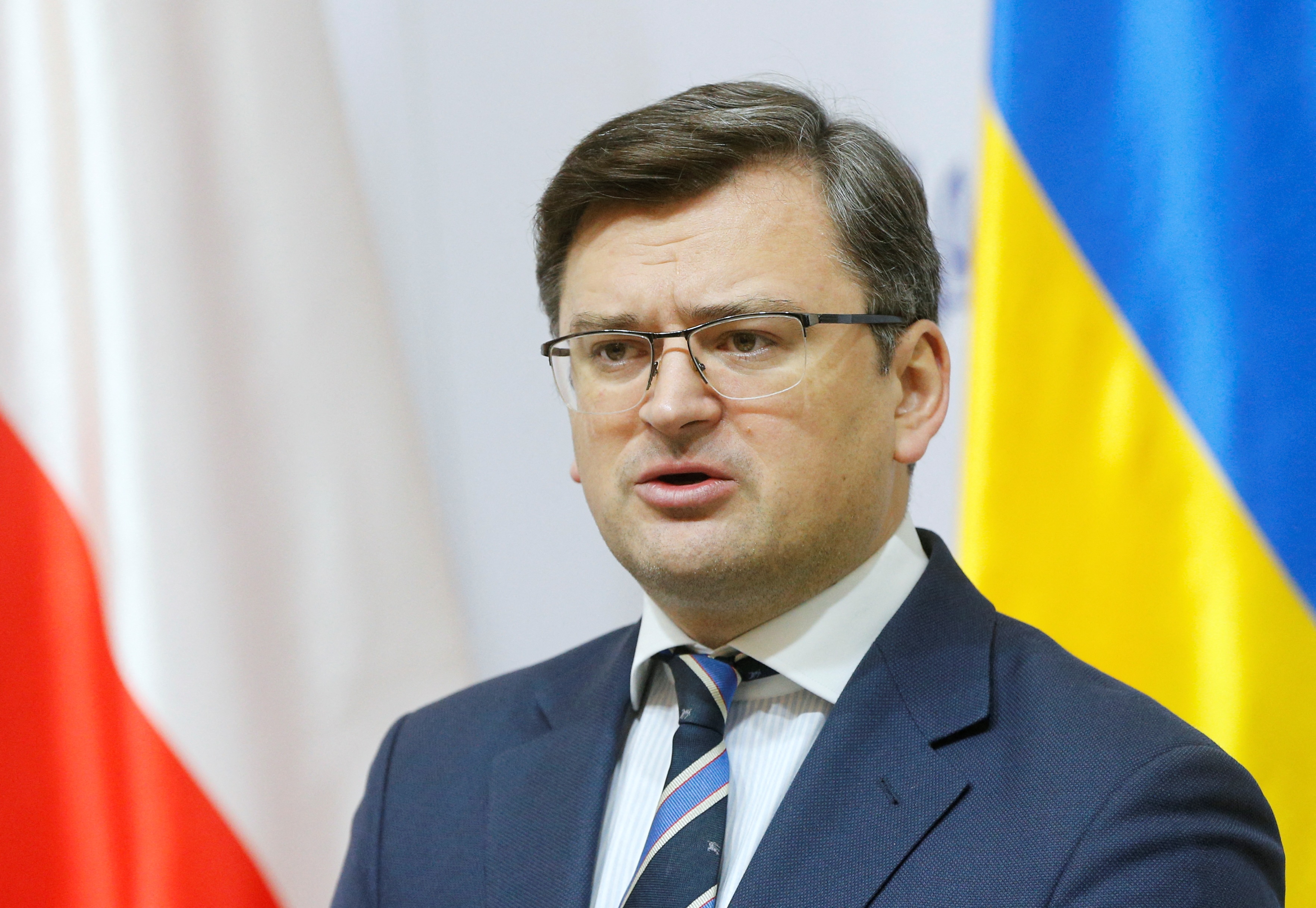 Ukraine's Foreign Minister Dmytro Kuleba gives a press conference following his meeting with OSCE Chairman-in-Office in Kyiv, Ukraine, on February 10.