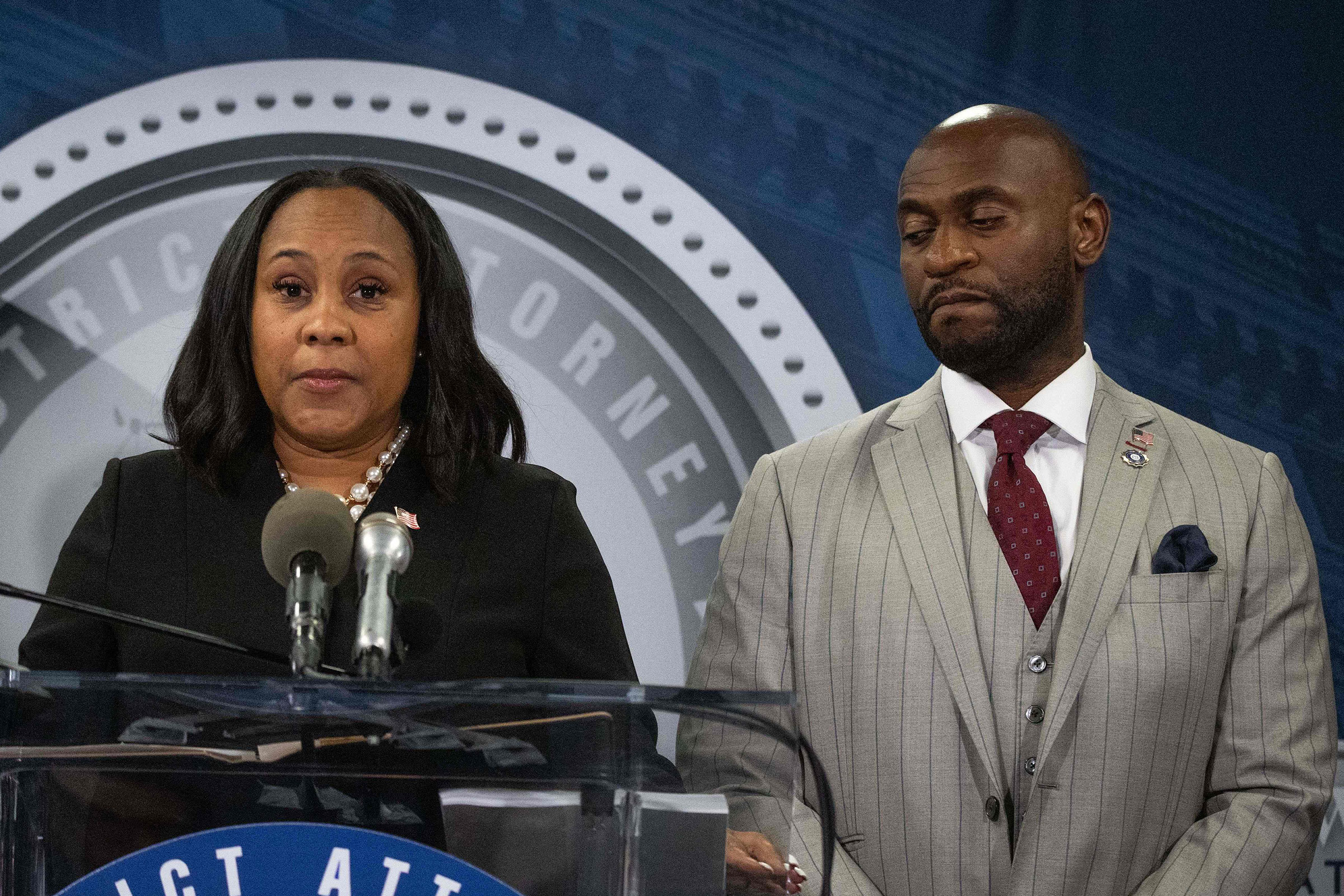 Fulton County District Attorney Fani Willis holds a press conference in the Fulton County Government Center after a grand jury voted to indict former US President Donald Trump and 18 others on August 14, 2023, in Atlanta. 