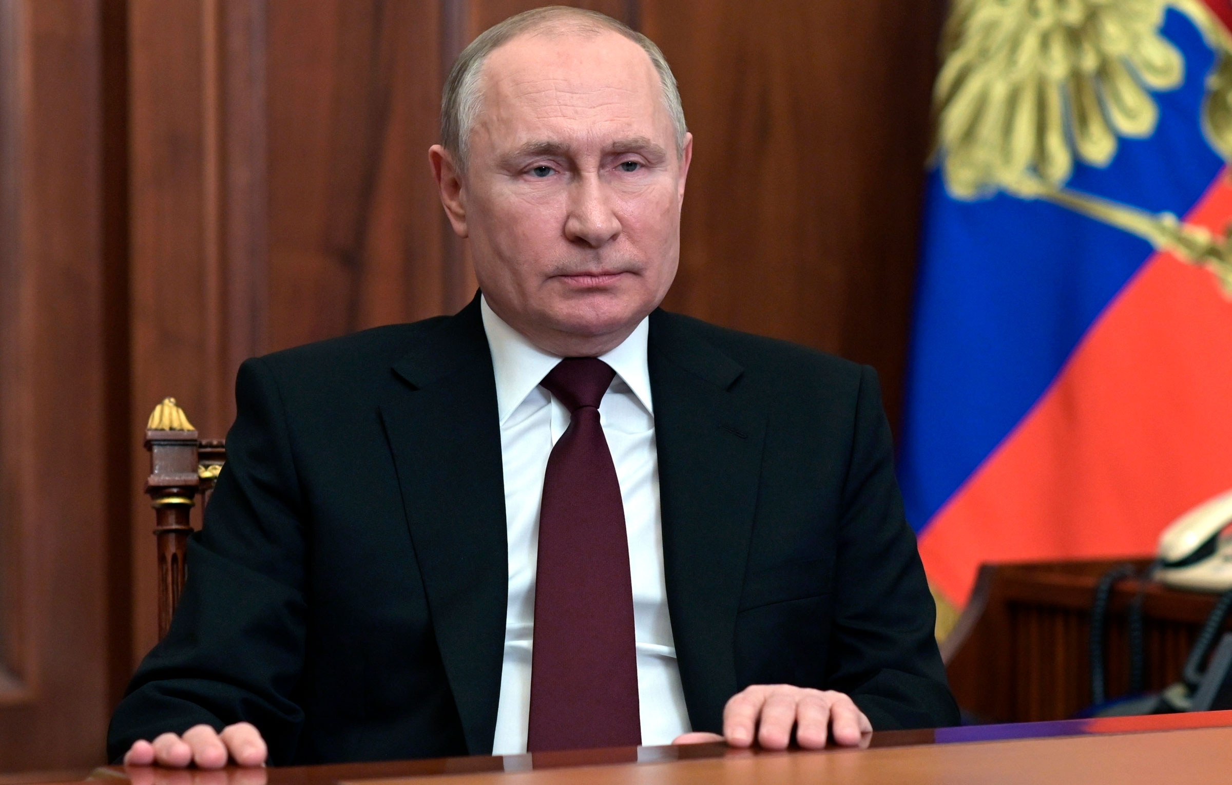 Russian President Vladimir Putin addresses his nation in this file photo from February 21.