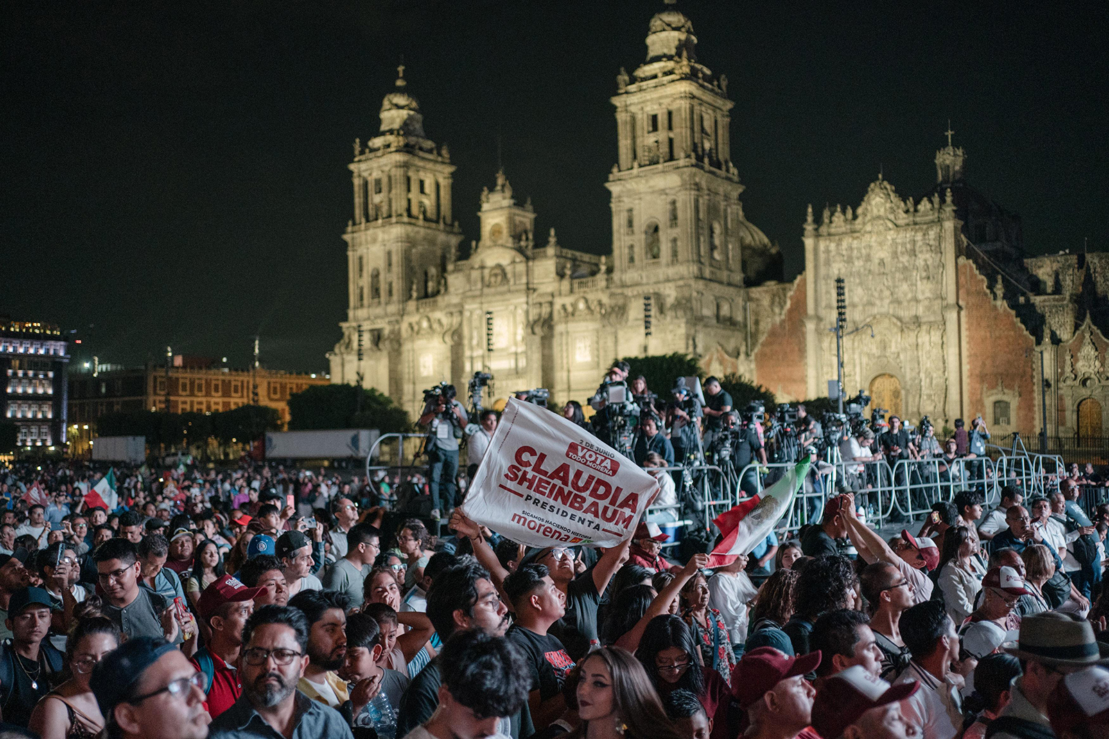Supporters of Claudia Sheinbaum, former mayor of Mexico City and presidential candidate for the Morena party, celebrate during an election night rally at Zocalo Plaza in Mexico City, Mexico, on Sunday.