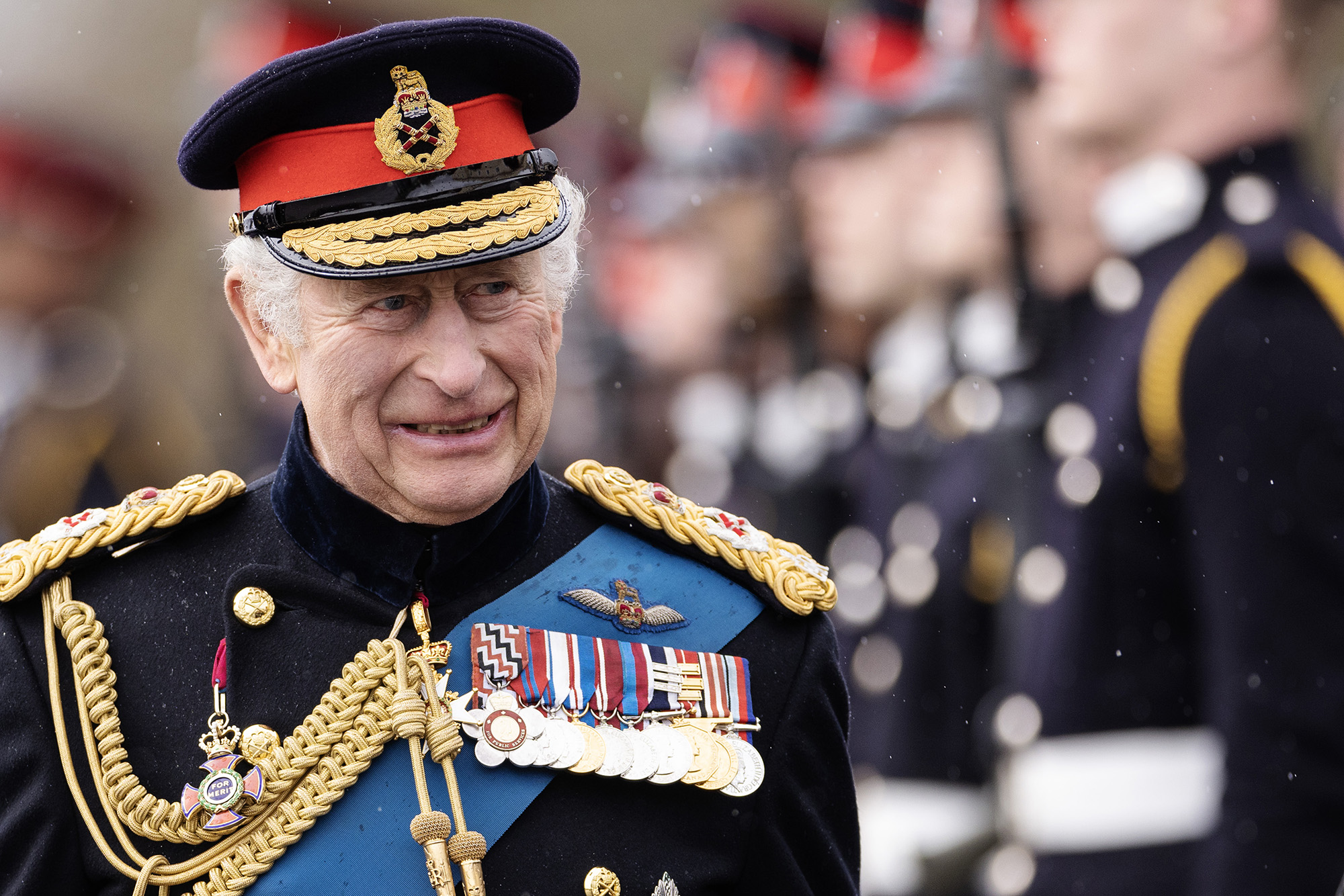 King Charles III inspects the 200th Sovereign's parade at Royal Military Academy Sandhurst on April 14, in Camberley, England.