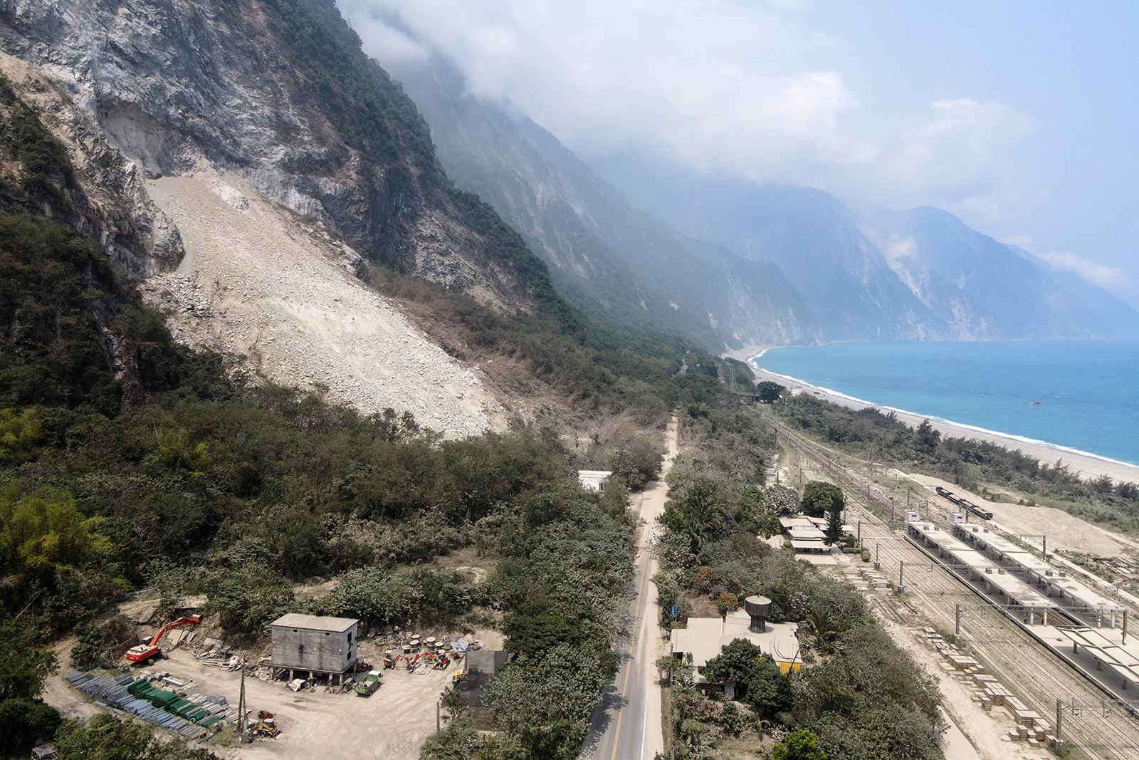This aerial photo shows part of a landslide, which took place on April 3 after an earthquake hit Taiwan's east, along the Suhua highway in Hualien on April 4.