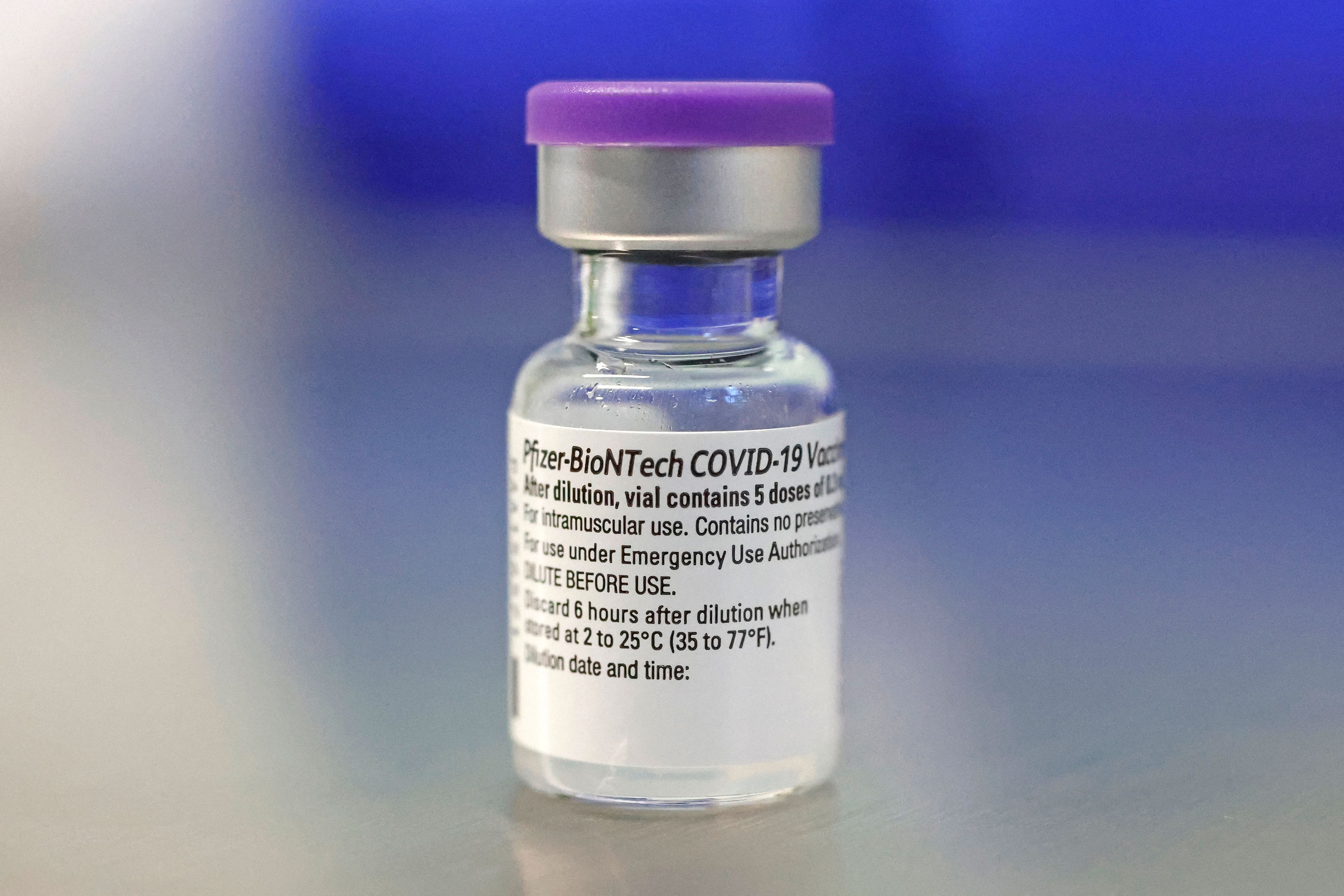A vial of the Pfizer vaccine against the COVID-19 coronavirus is displayed as medical workers get vaccinated at Sourasky Medical Center (Ichilov) in the Israeli coastal city of Tel Aviv, on December 20, 2020.