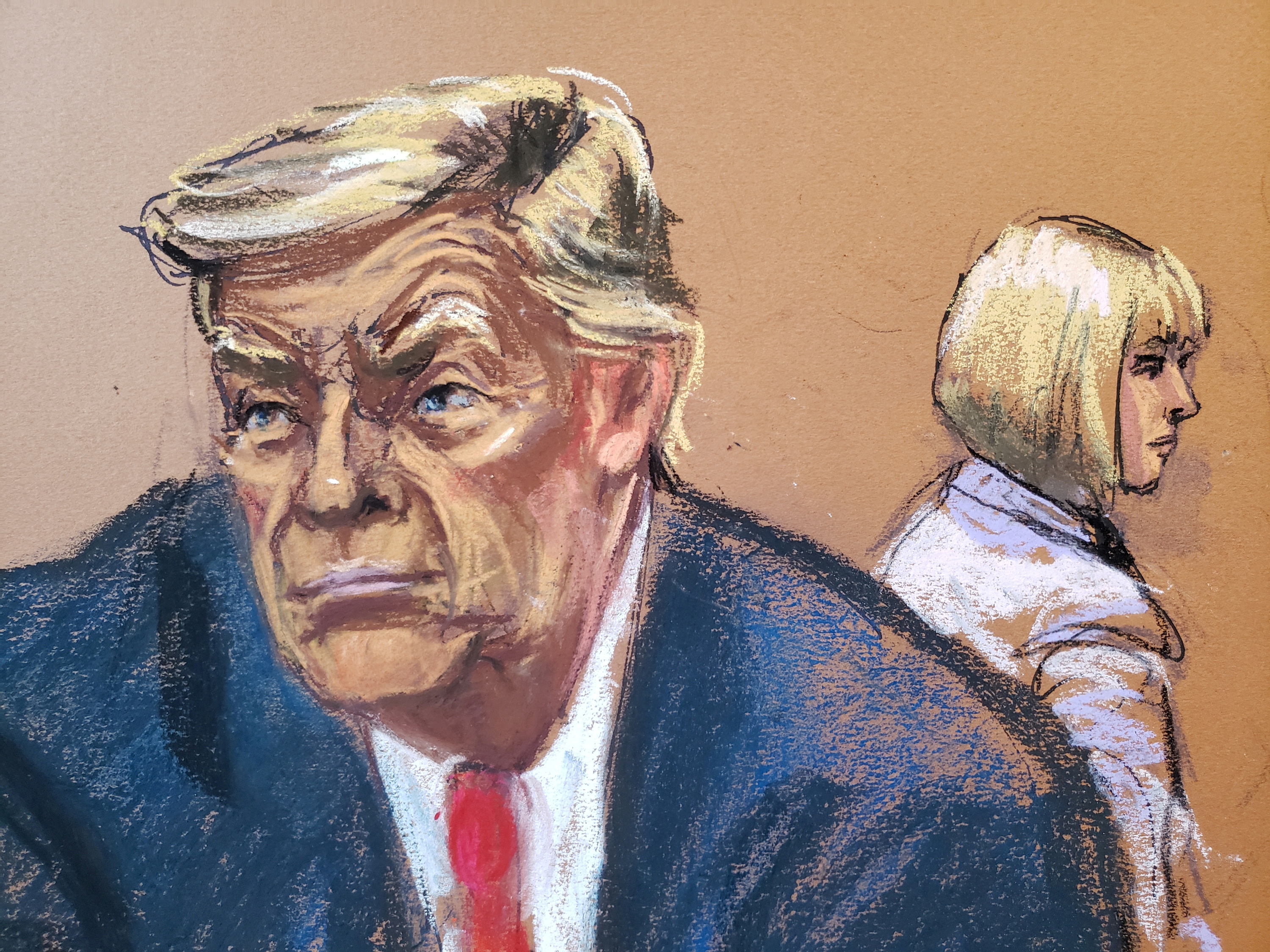 In this courtroom sketch, former president Donald Trump and E. Jean Carroll attend jury selection in the second civil trial after Carroll accused Trump of raping her decades ago, at Manhattan Federal Court in New York City, on January 16.