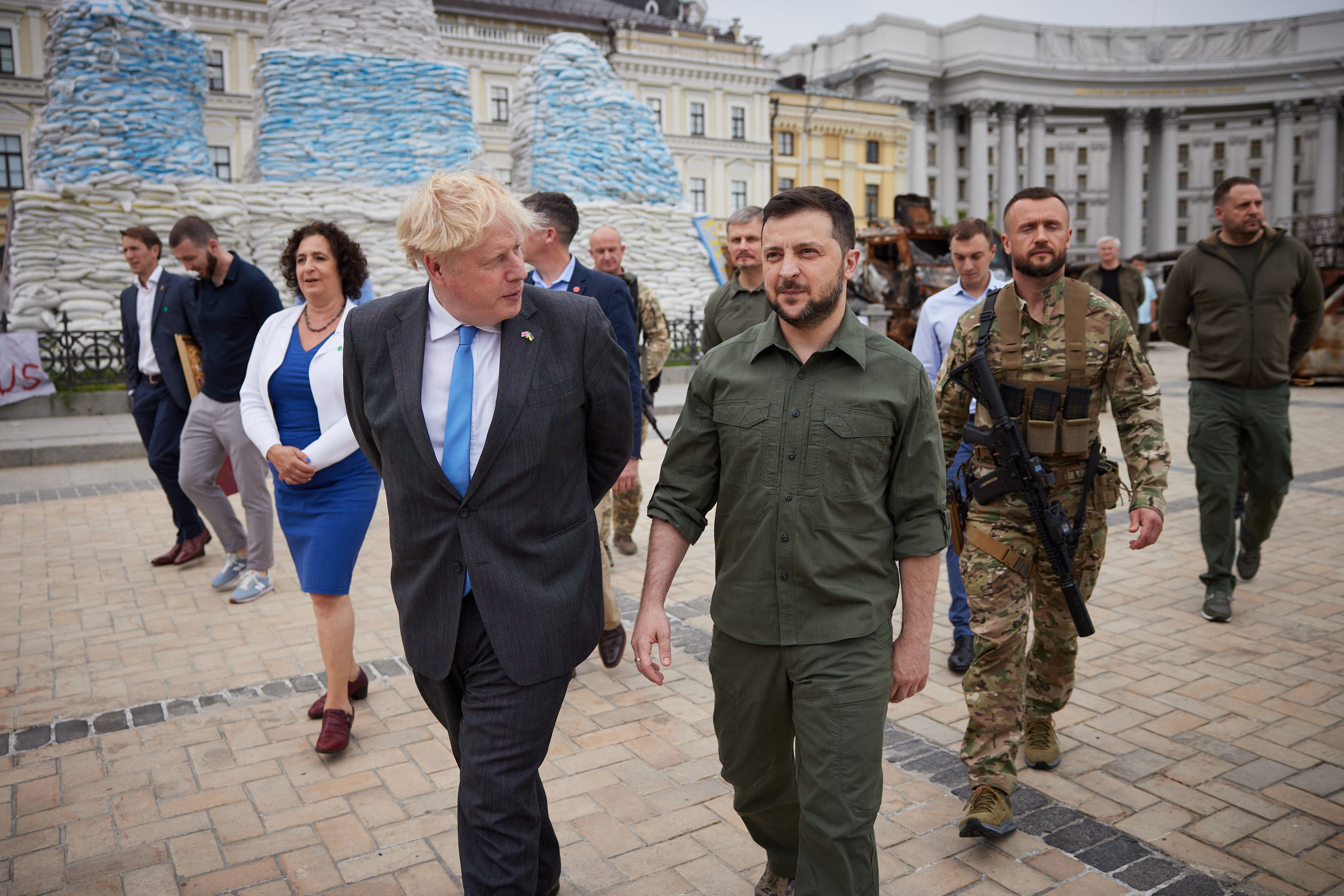 Volodymyr Zelensky and Boris Johnson walk on Mykhailivs'ka Square, in Kyiv, Ukraine, on June 17.