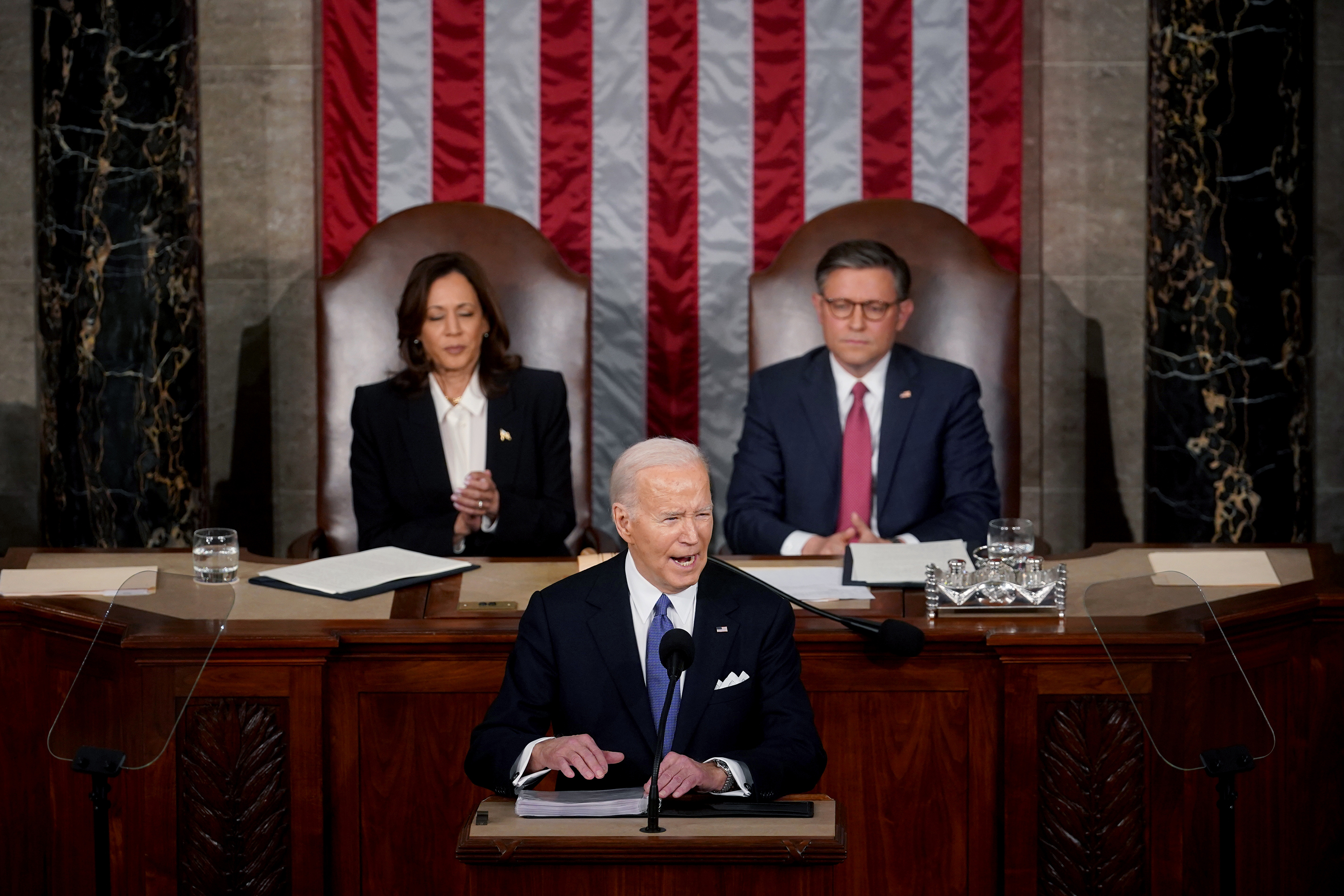 US Vice President Kamala Harris, from left, President Joe Biden, and House Speaker Mike Johnson during a State of the Union address at the US Capitol in Washington, DC, on March 7.