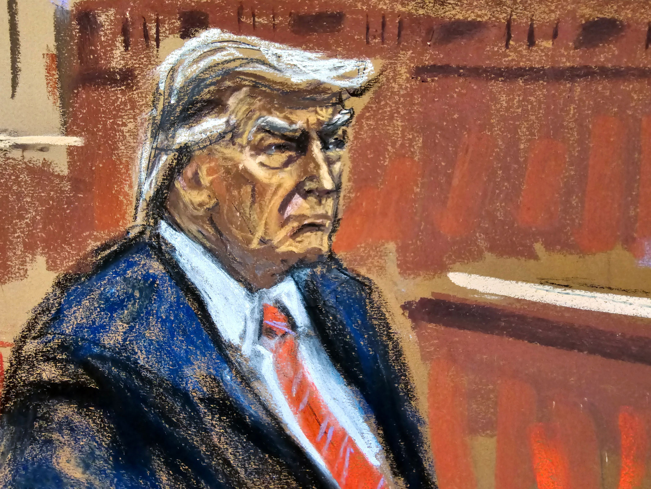 In this courtroom sketch, former President Donald Trump sits as final jurors are sworn in during his criminal trial. 