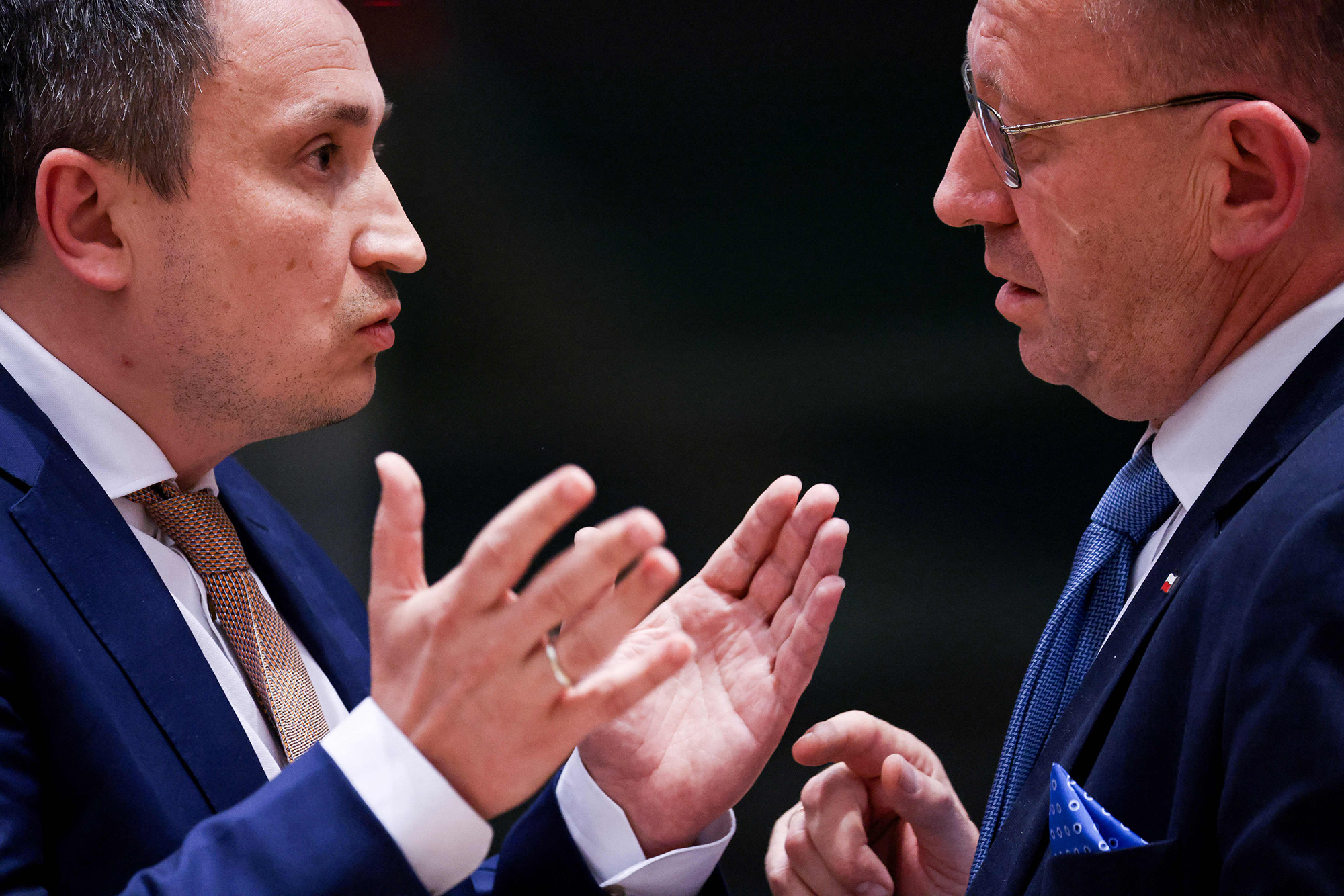 Ukraine's Minister of Agrarian Policy and Food Mykola Solskyi, left, speaks with Poland's Minister for Agriculture, Robert Telus, at the Agriculture and Fisheries Council at the EU headquarters in Brussels, Belgium, on May 30.