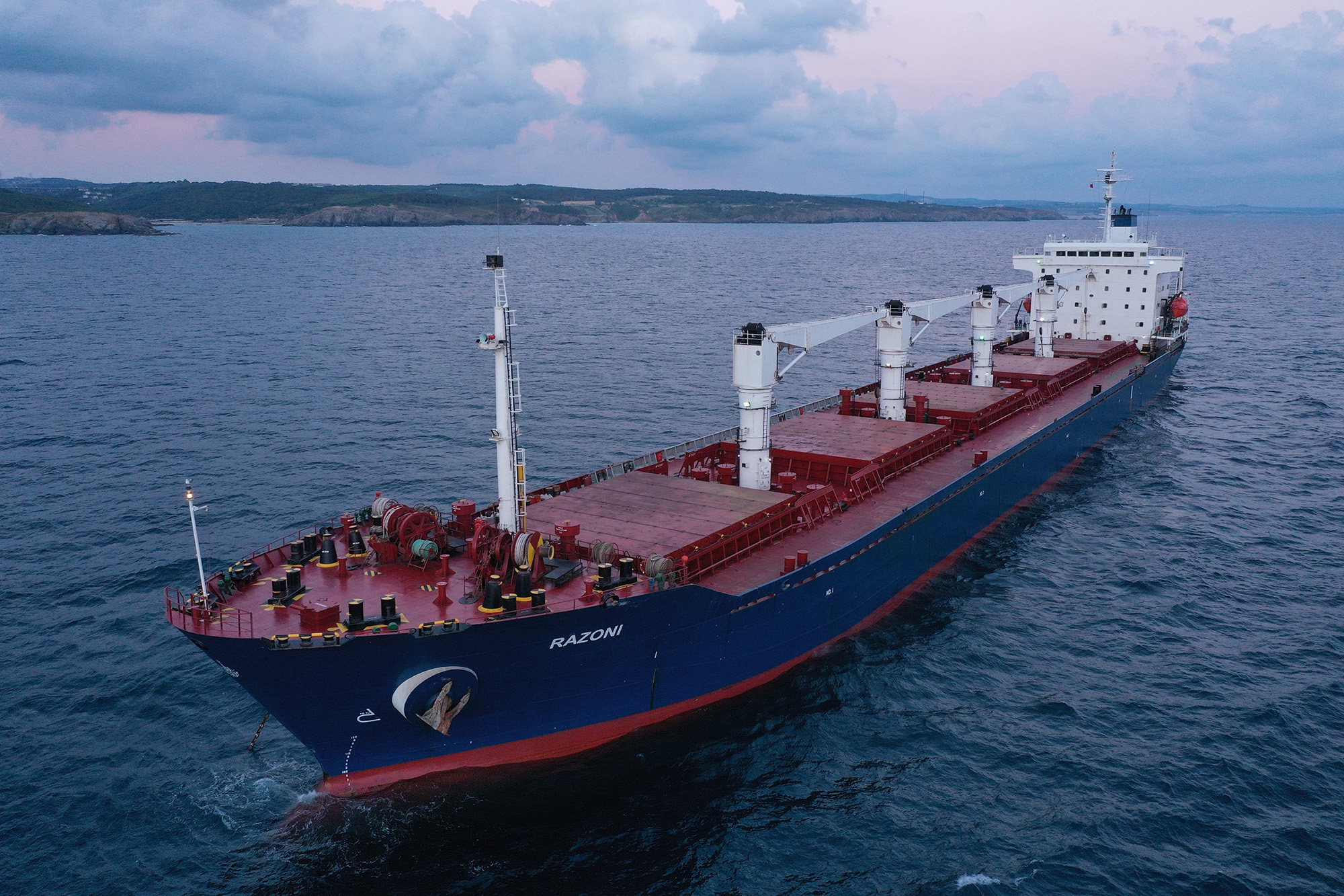 The Sierra Leone-flagged dry cargo ship Razoni, carrying more than 26,000 metric tons of corn arrives at the Black Sea entrance of the Bosporus Strait, in Istanbul on August 3. 