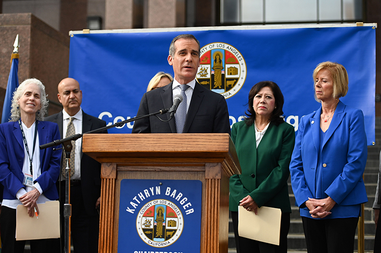 Los Angeles Mayor Eric Garcetti speaks during a Los Angeles County Health Department press conference on the novel coronavirus, on Wednesday, March 4, in Los Angeles, 
