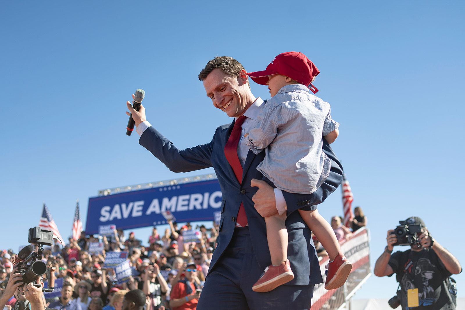 Blake Masters, Arizona's Republican nominee for senator, appears at a rally headlined by former President Donald Trump in Mesa, Arizona, on Oct. 9.
