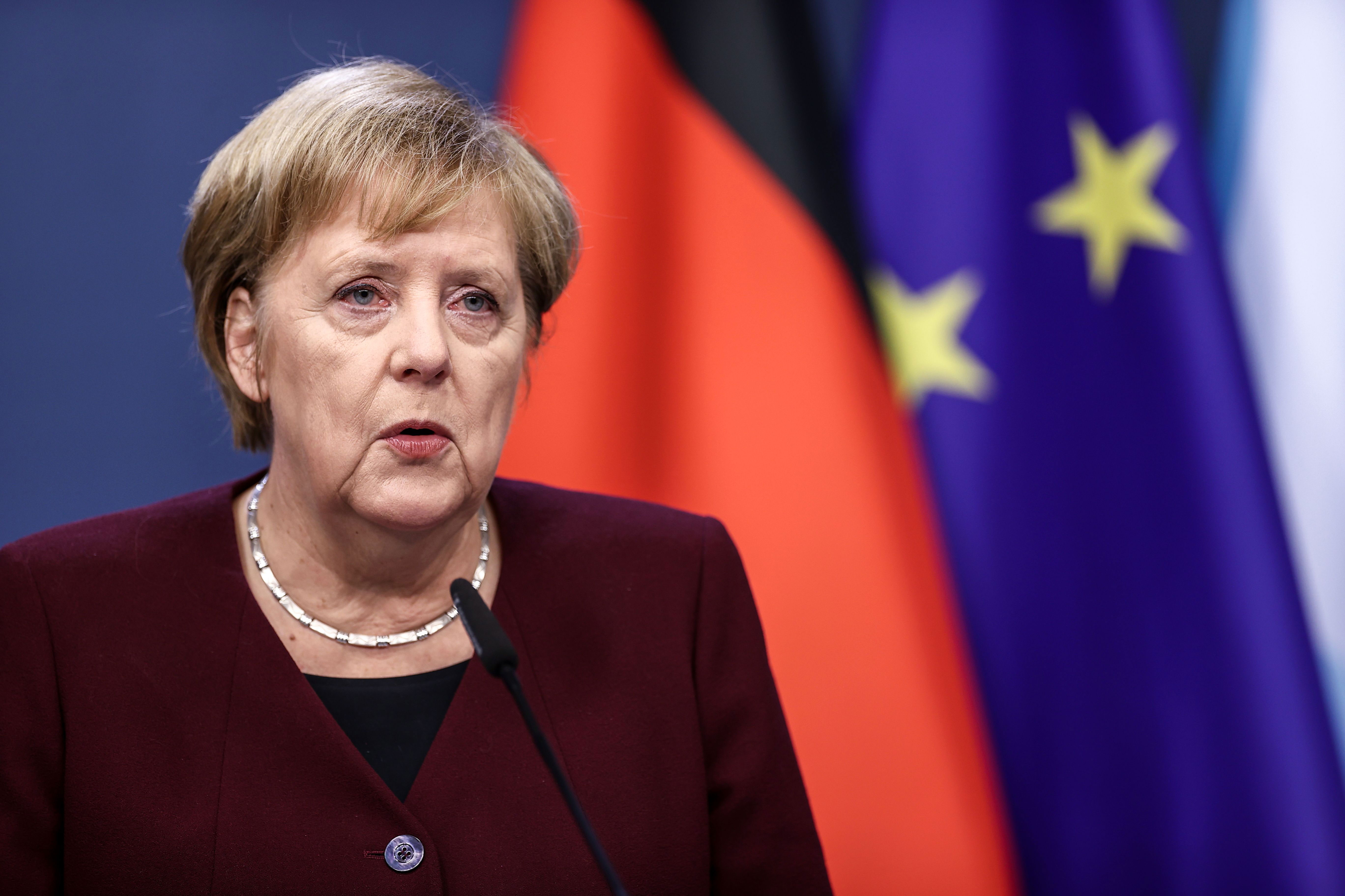German Chancellor Angela Merkel holds a press conference at the European Union summit in Brussels, Belgium, on October 16.