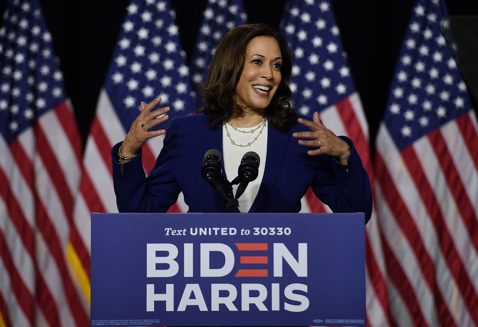 Democratic vice presidential running mate, Sen. Kamala Harris, speaks during the first press conference with Joe Biden in Wilmington, Delaware, on August 12.