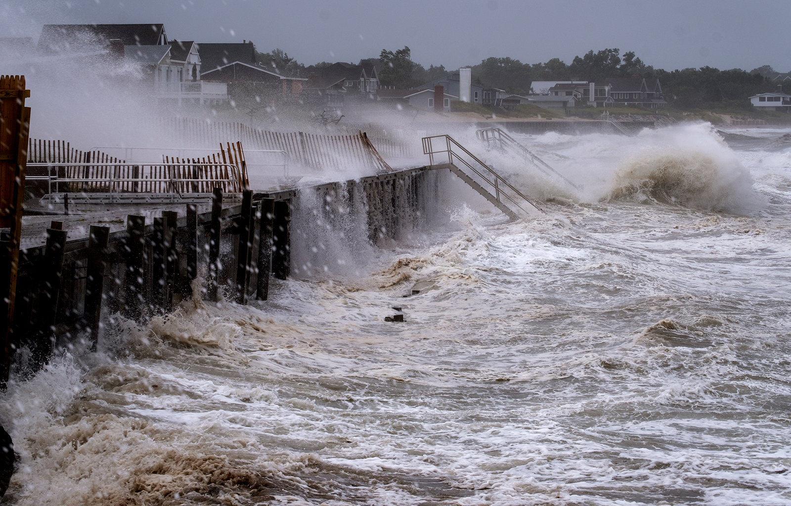 Waves pound a seawall in Montauk, New York on Sunday, August 22.