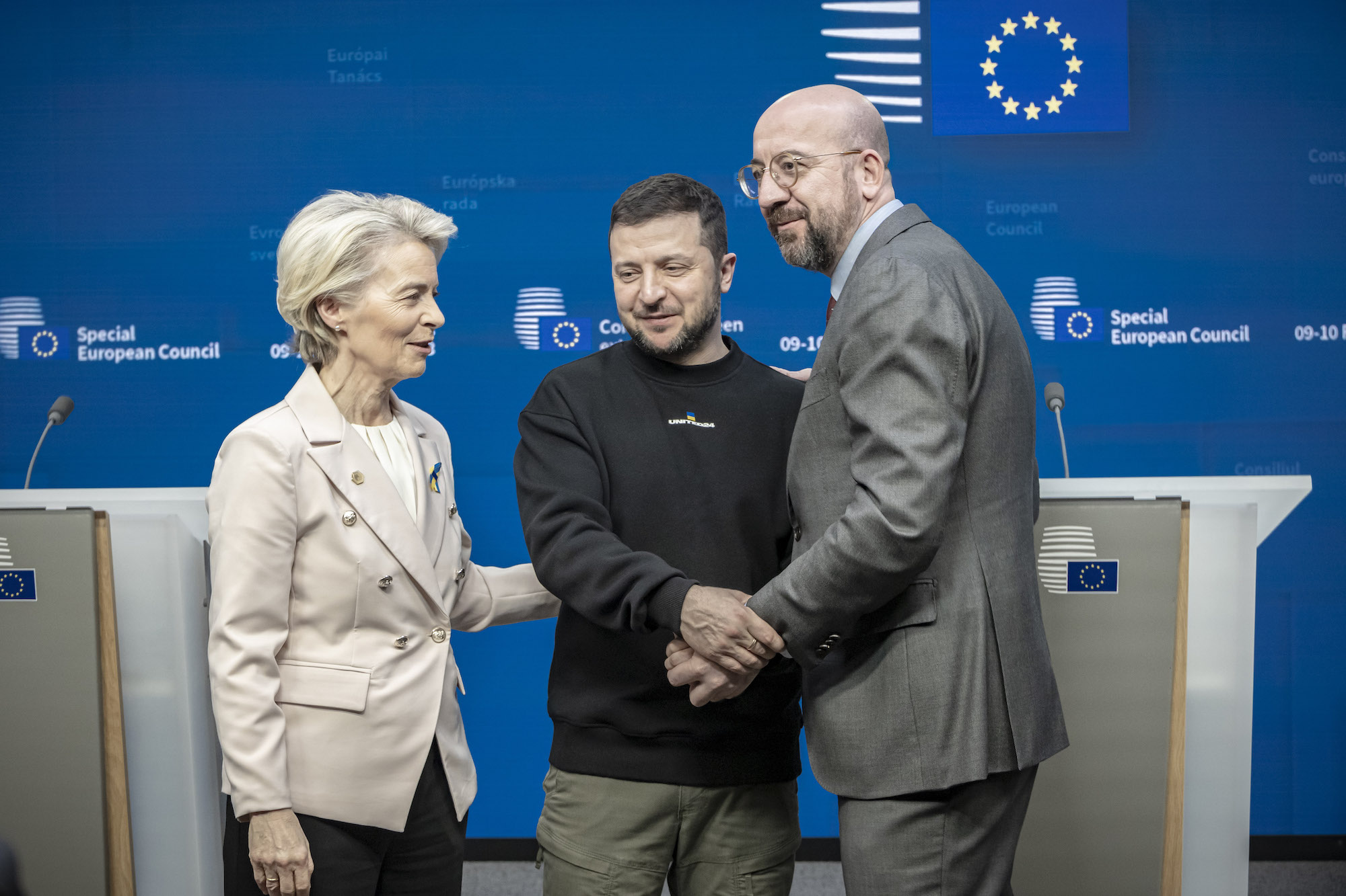 Zelensky is seen in Brussels with Charles Michel, right, president of the European Council, and Ursula von der Leyen, left, President of the European Commission on Thursday.