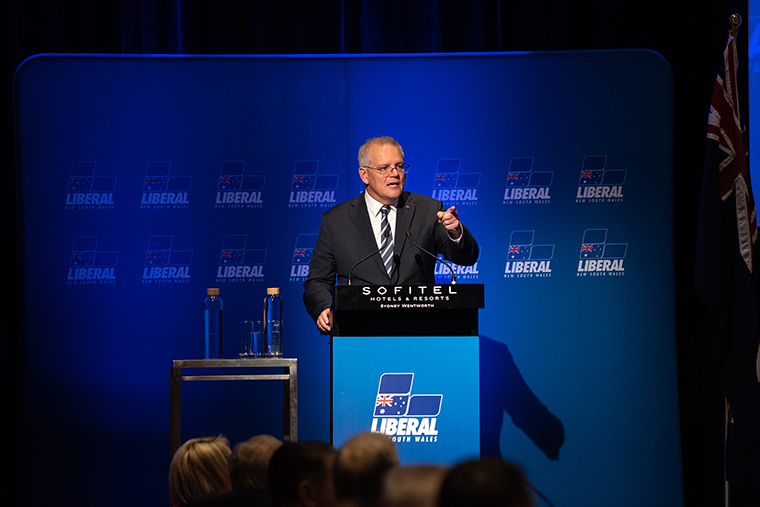 Australian Prime Minister Scott Morrison delivers an address to the Federal Budget Lunch in Sydney, Friday, April.