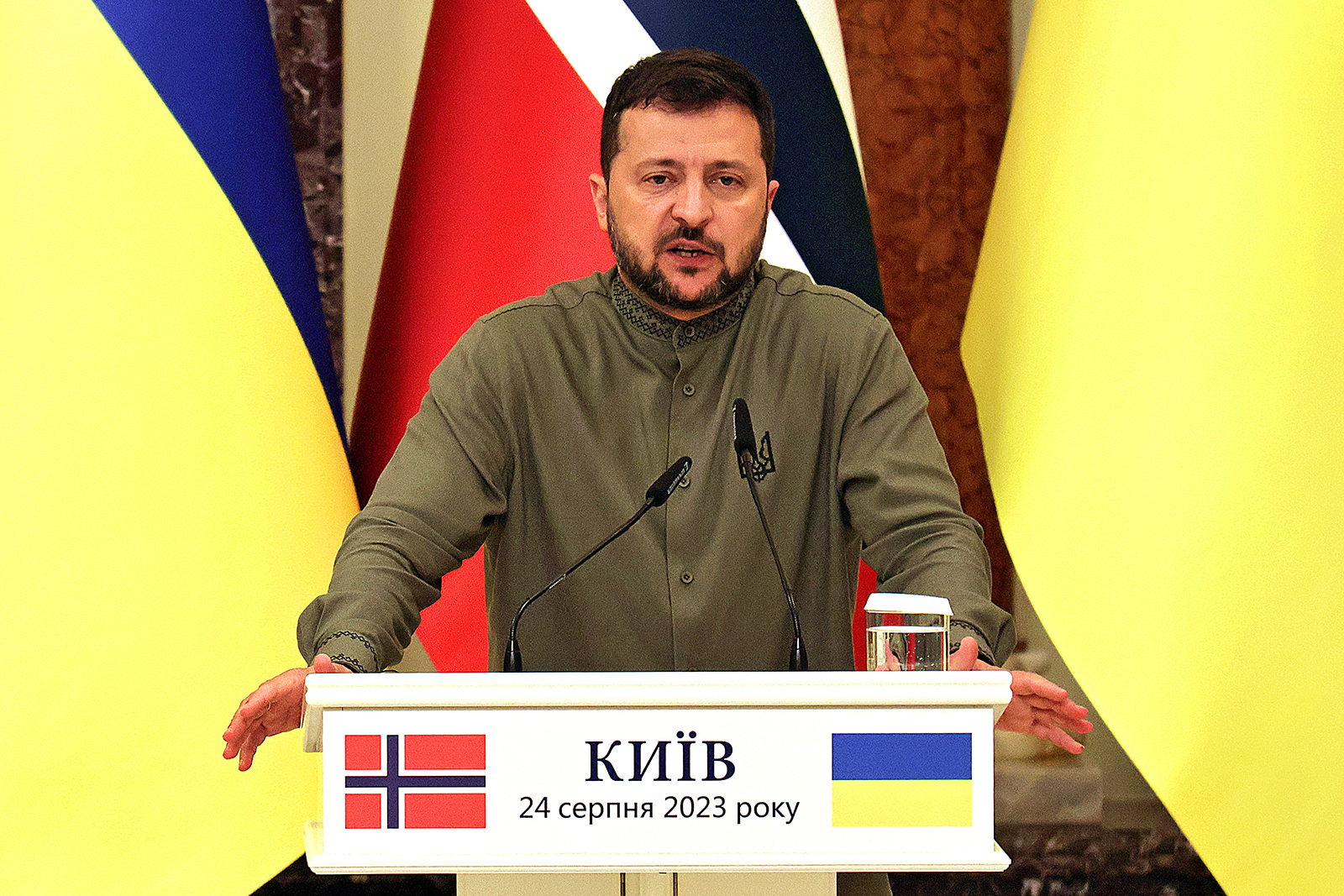 Volodymyr Zelenskyy speaks during a press conference in Kyiv, Ukraine on August 24.