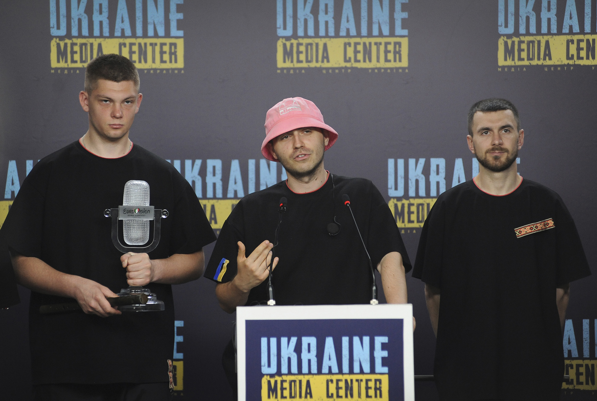Oleg Psiuk, center, the frontman of Ukraine's Kalush Orchestra, the winner of the Eurovision Song Contest 2022, speaks to the press at a news conference in Lviv, Ukraine, on May 17.