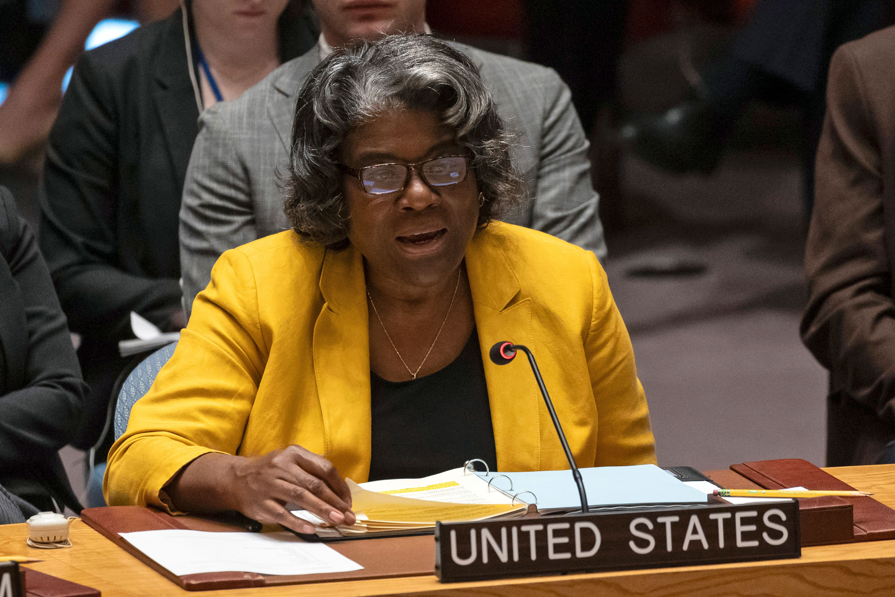 US Ambassador Linda Thomas-Greenfield speaks during a Security Council meeting at the United Nations on Friday.