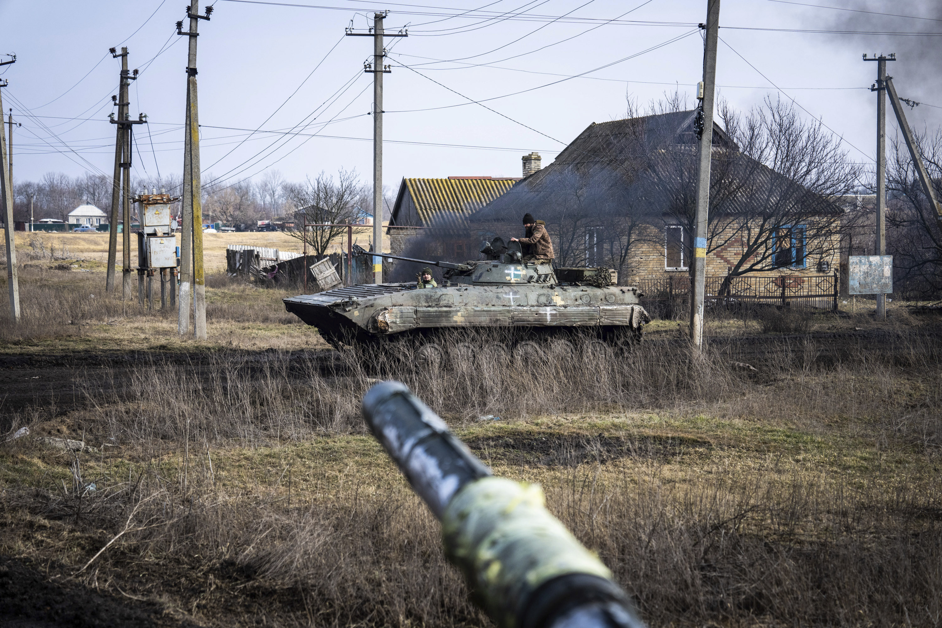 A BMP-1 armed personnel carrier seen from a tank, in Donbas on March 7.