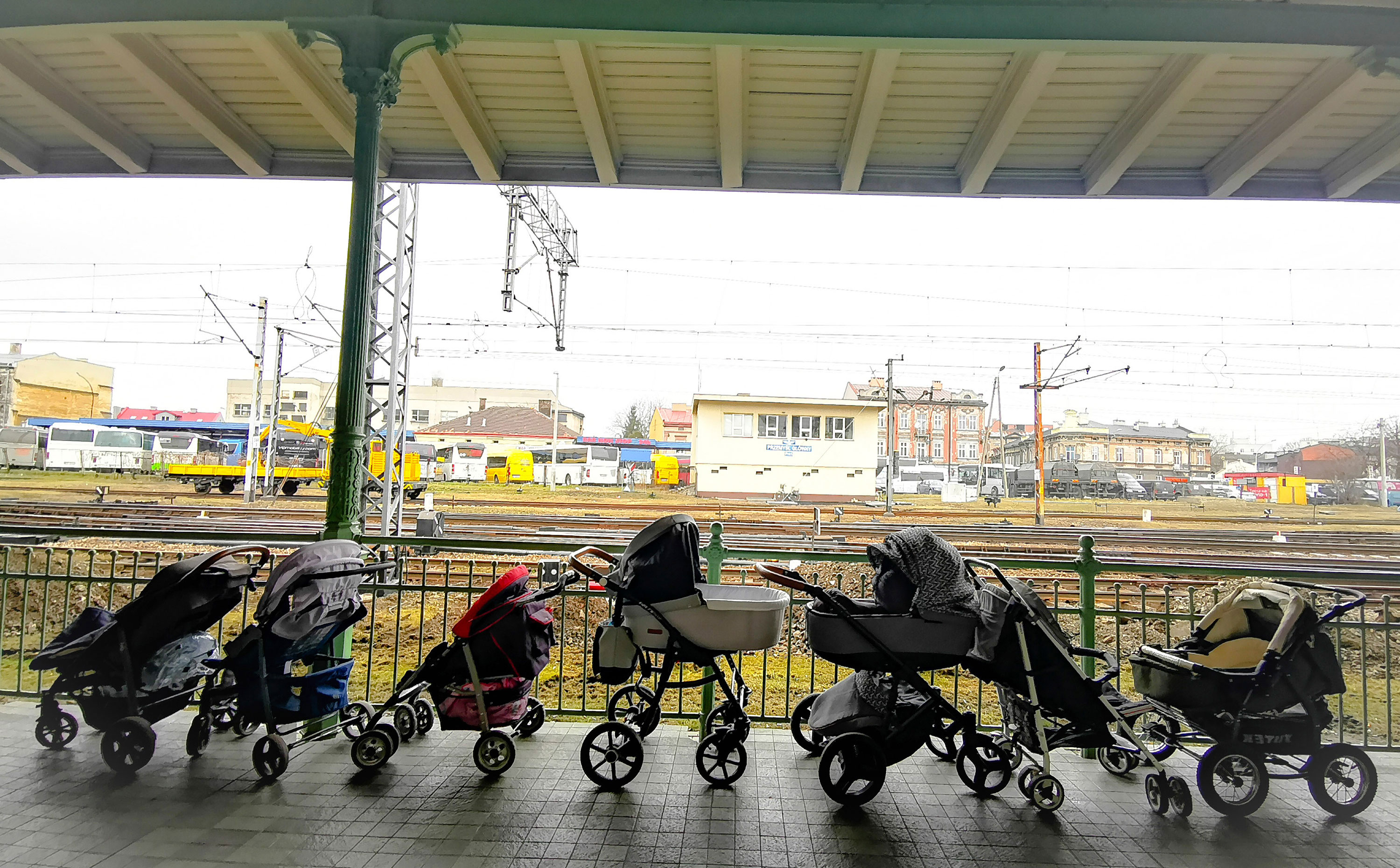 Strollers for refugees and their babies fleeing the conflict from neighboring Ukraine are left at a train station in Przemysl, Poland, on March 2.