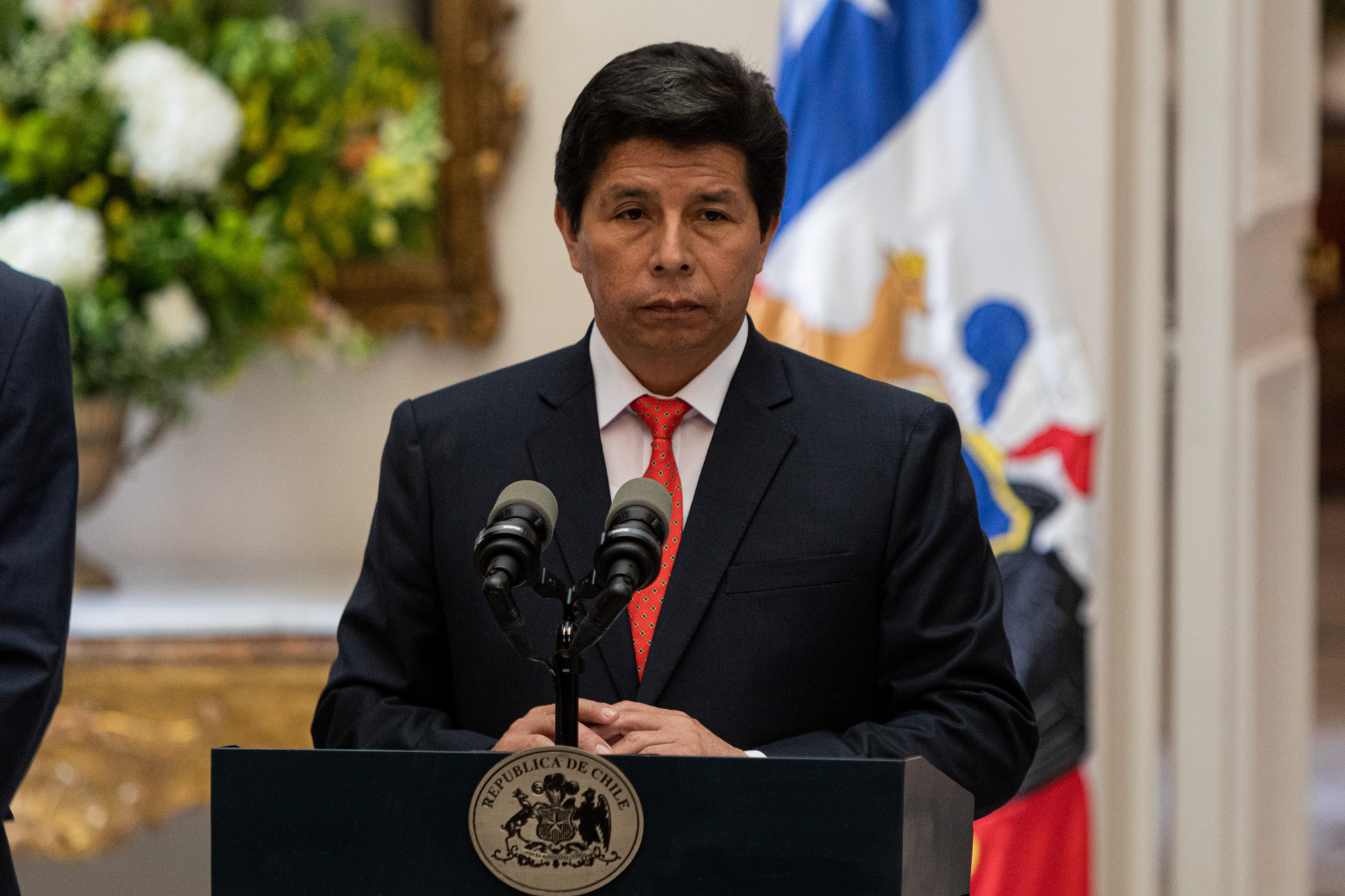 Pedro Castillo holds a press conference at the La Moneda presidential palace in Santiago, Chile on November 29.