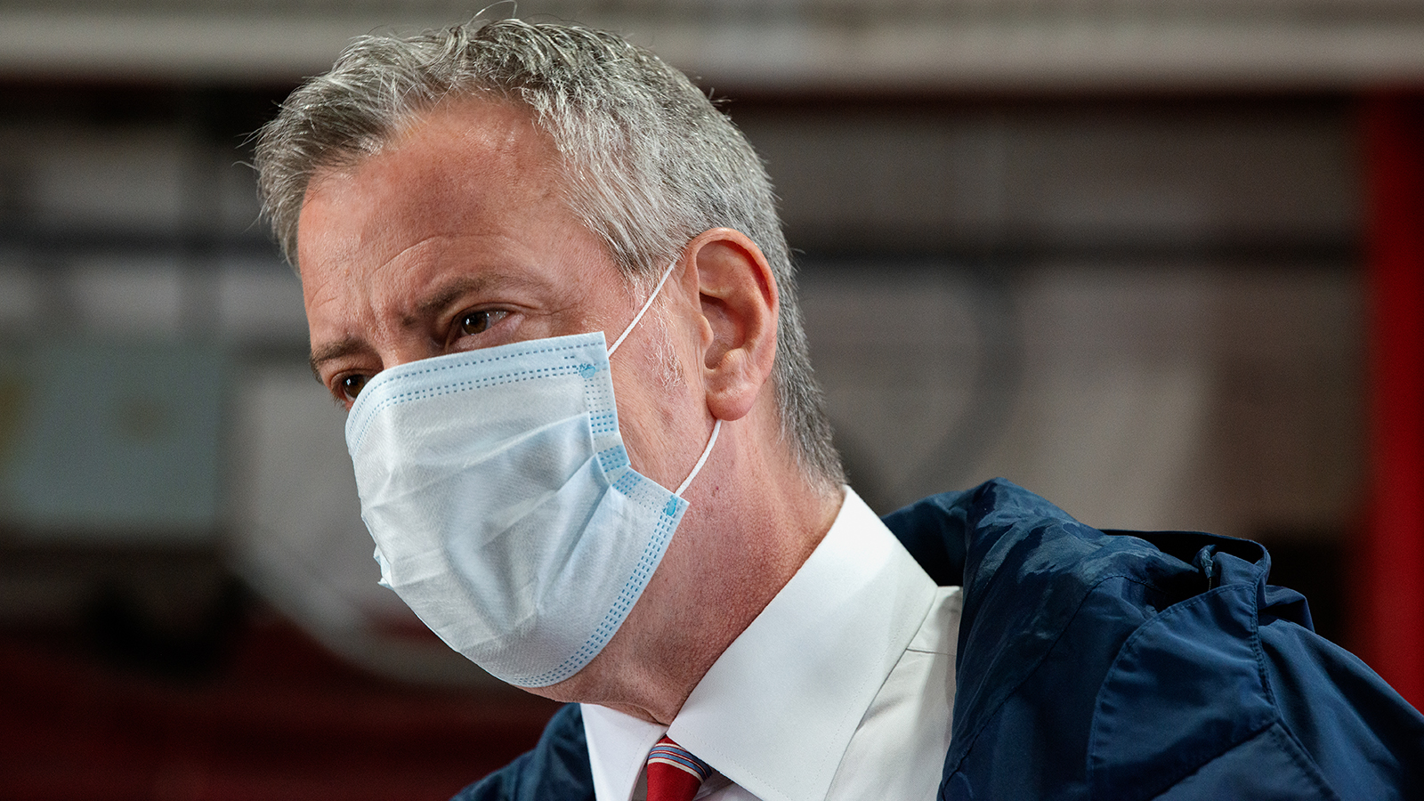 New York City Mayor Bill DeBlasio speaks to firefighters following the donation of meals on International Firefighters Day on May 4, 2020, in New York City. 