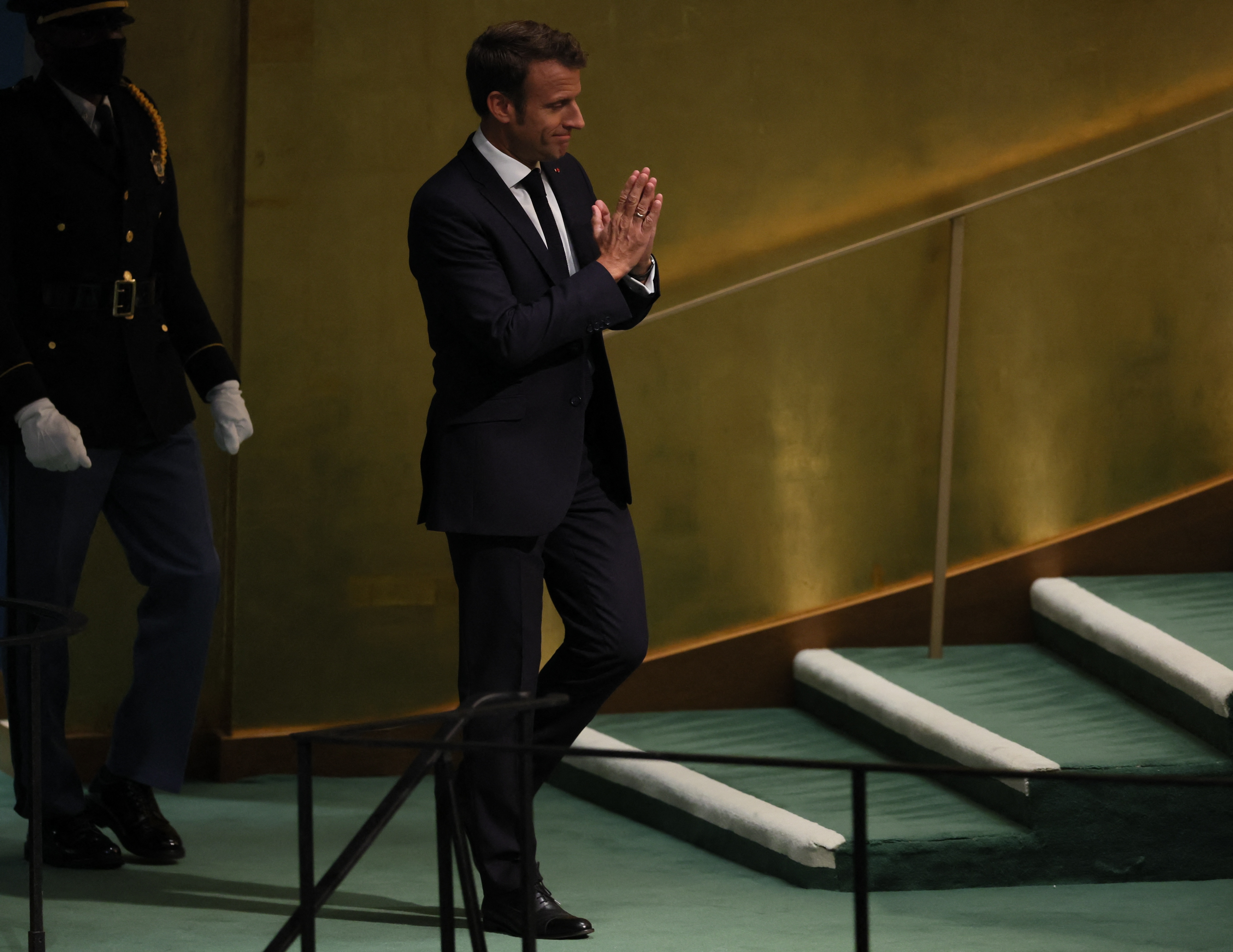 France's President Emmanuel Macron arrives to address the United Nations General Assembly.