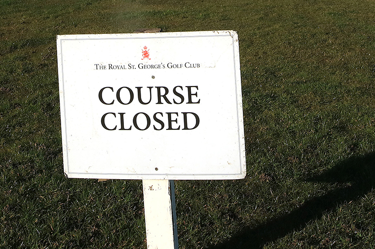 A sign near the first tee at the host venue for the 2020 Open Championship, seen on April 05, shows that the course is currently closed for all play under government instructions