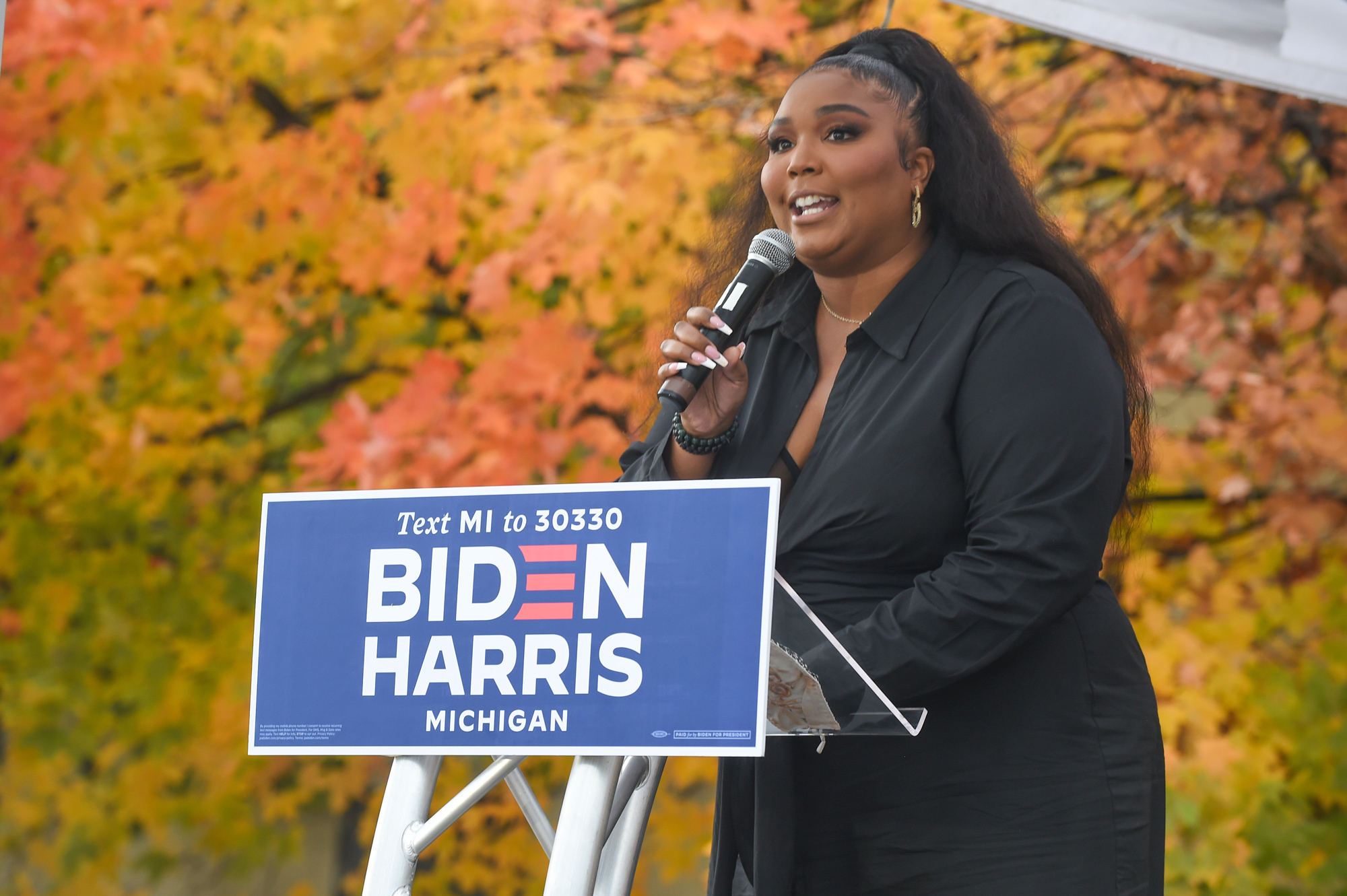 Lizzo speaks onstage during a campaign event for Democratic Presidential Candidates Joe Biden and Kamala Harris at Focus Hope Detroit on October 23 in Detroit, Michigan. 
