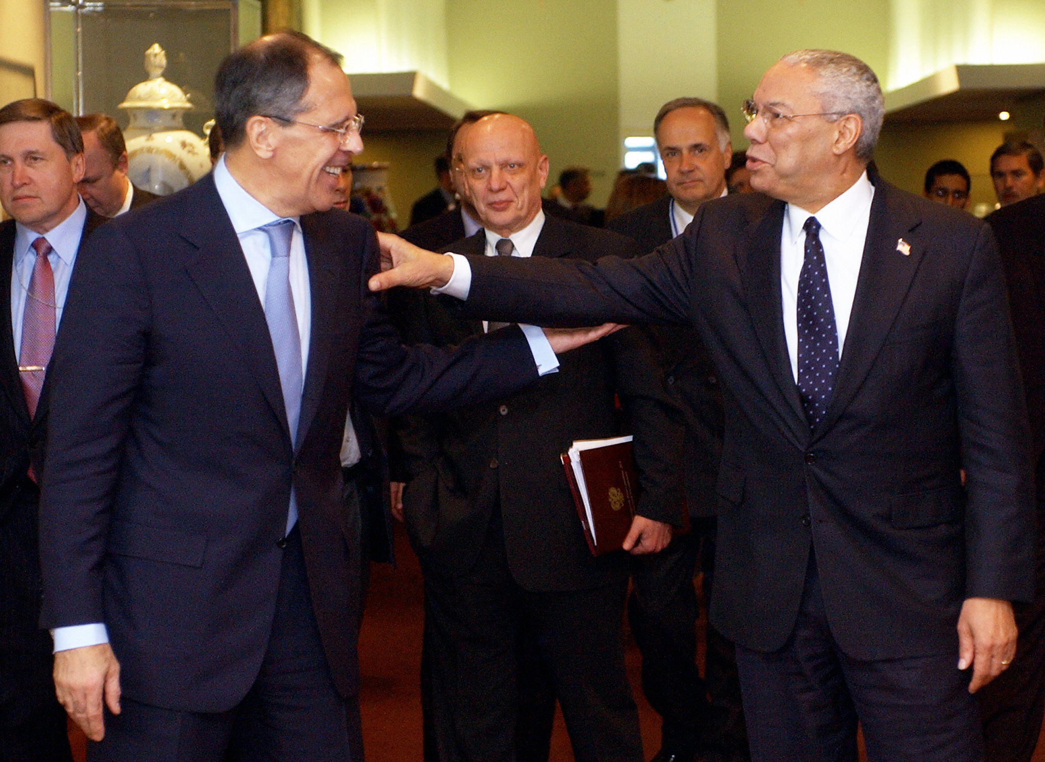 Russian Foreign Minister Sergey Lavrov shakes hands with US Secretary of State Colin Powell in May 2004 after their meeting at United Nations headquarters in New York. 