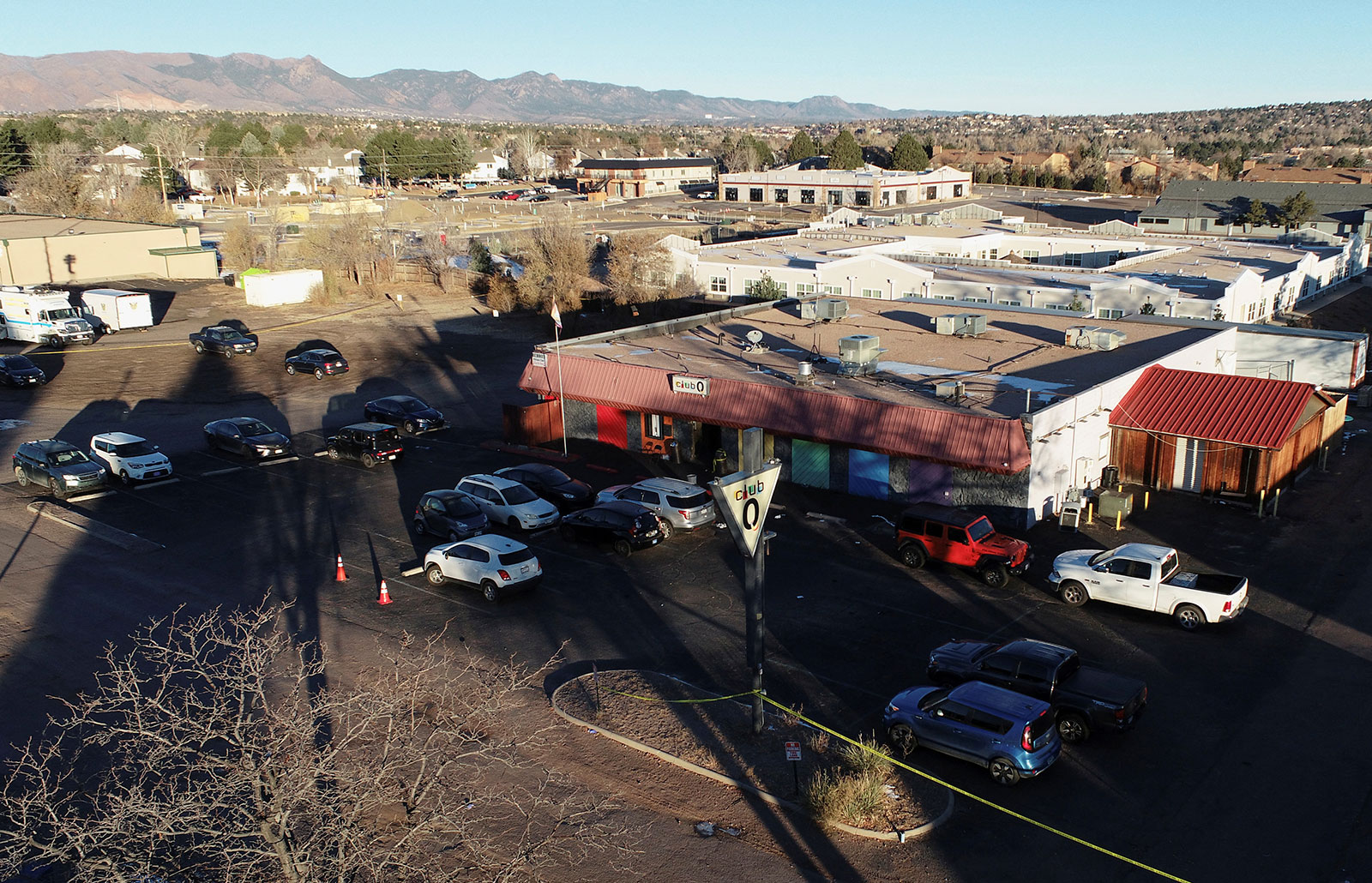 An aerial view shows police tape around Club Q in Colorado Springs, Colorado, on November 21. 