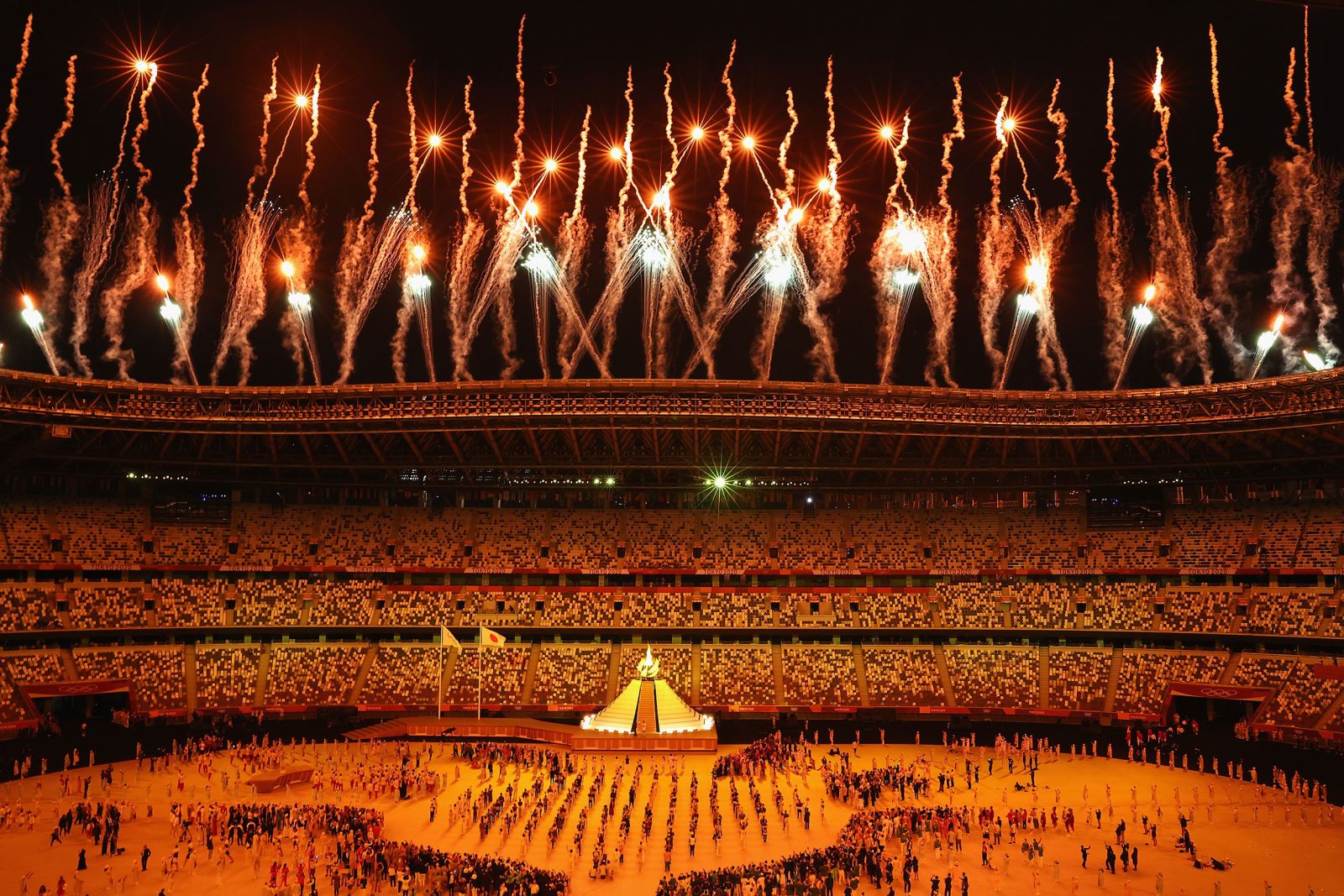 Fireworks go off after Naomi Osaka lit the Olympic cauldron.