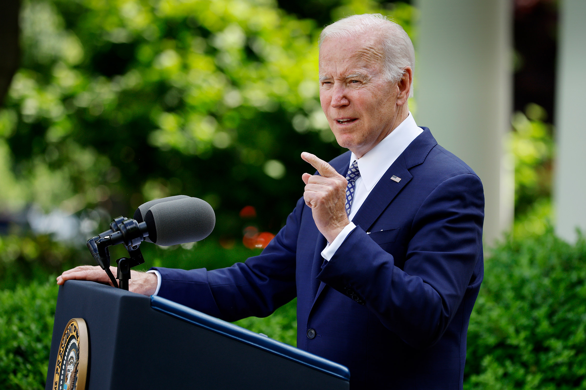 President Joe Biden delivers remarks while hosting a reception to celebrate Asian American, Native Hawaiian and Pacific Islander Heritage Month in the Rose Garden of the White House on May 17.