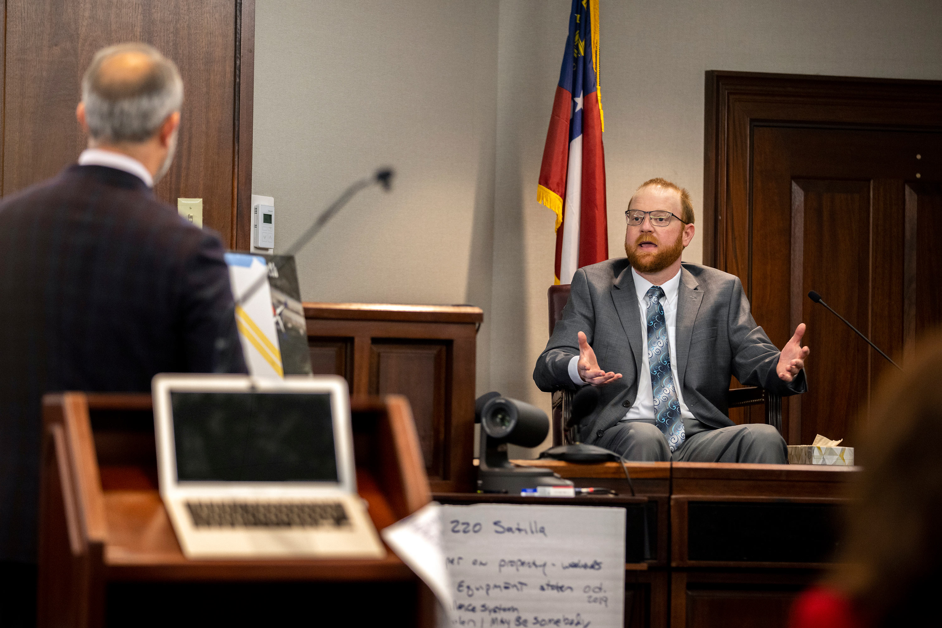 Travis McMichael speaks from the witness stand on November 17 in Brunswick, Georgia.