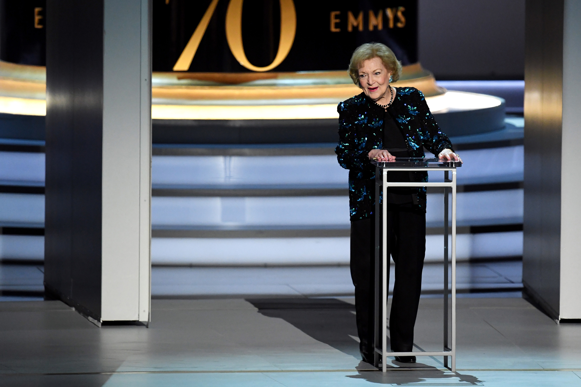 Betty White speaks on stage during the 70th Emmy Awards at Microsoft Theater on September 17, 2018 in Los Angeles.