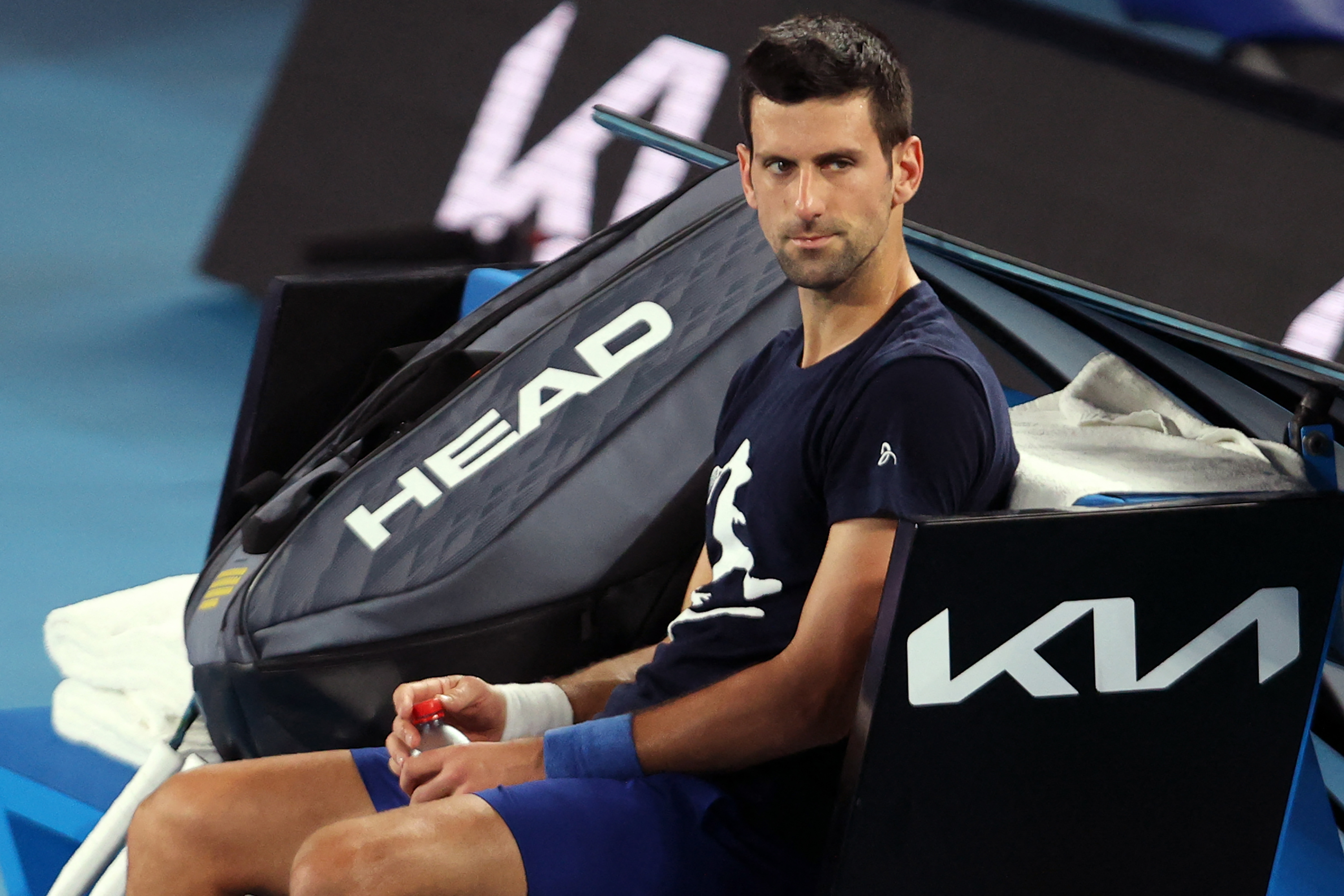 Novak Djokovic of Serbia attends a practice session ahead of the Australian Open tennis tournament in Melbourne on January 14.