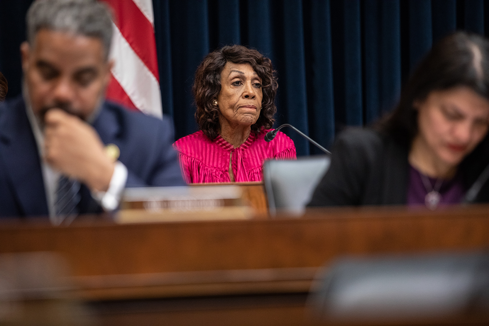 Representative Maxine Waters during a House Financial Services Committee hearing in Washington, DC, today. 