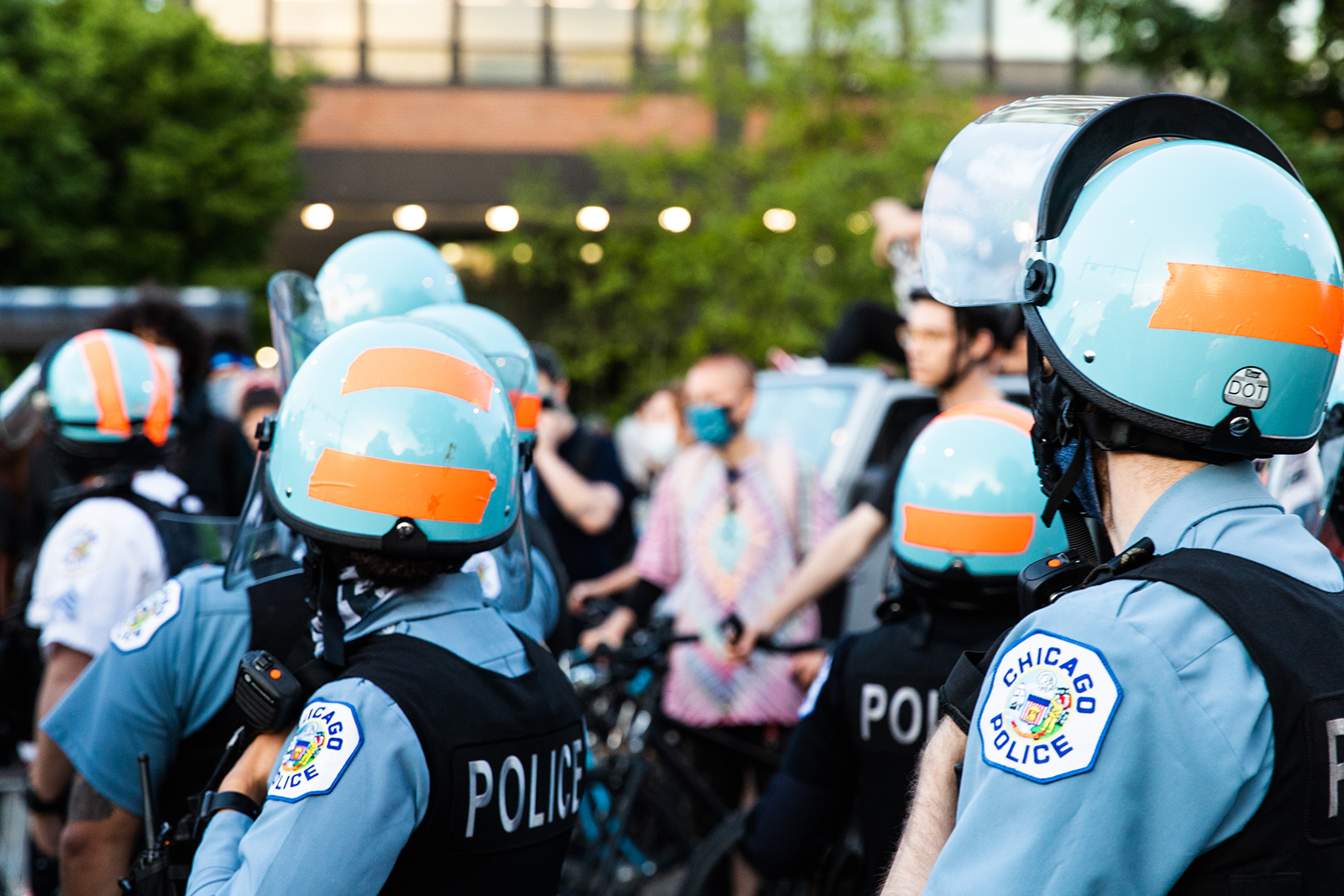 Chicago Police Department officers gather as curfew nears during a demonstration on June 6, in Chicago.