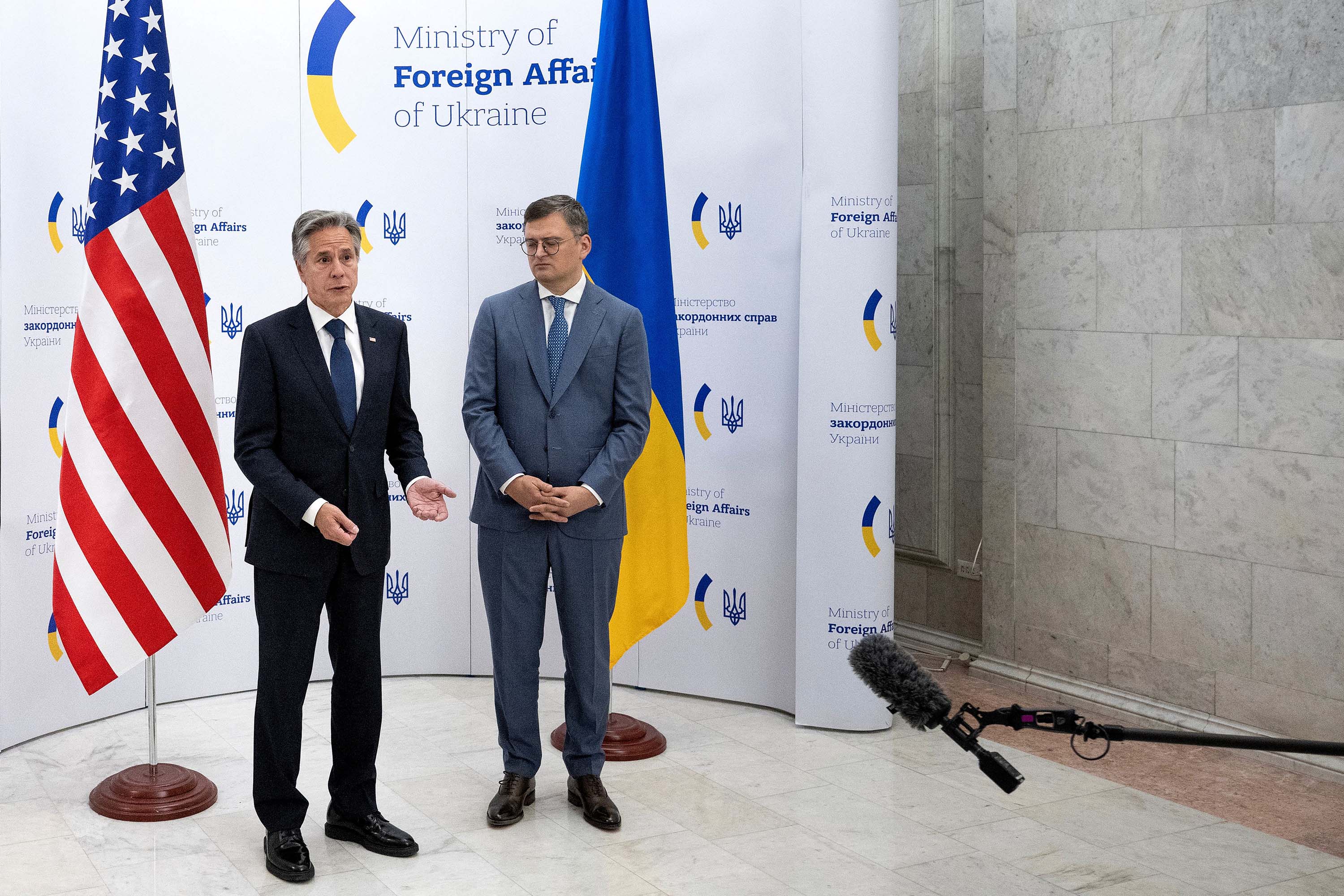 US Secretary of State Antony Blinken makes a statement alongside Ukraine's Foreign Minister Dmytro Kuleba, ahead of their meeting at the Ministry of Foreign Affairs in Kyiv, on Wednesday, September 6. 
