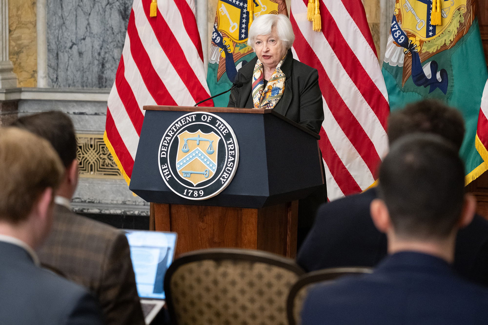 US Treasury Secretary Janet Yellen speaks during a press conference today amid the IMF-World Bank Group spring meetings, at the Treasury Department in Washington, DC.