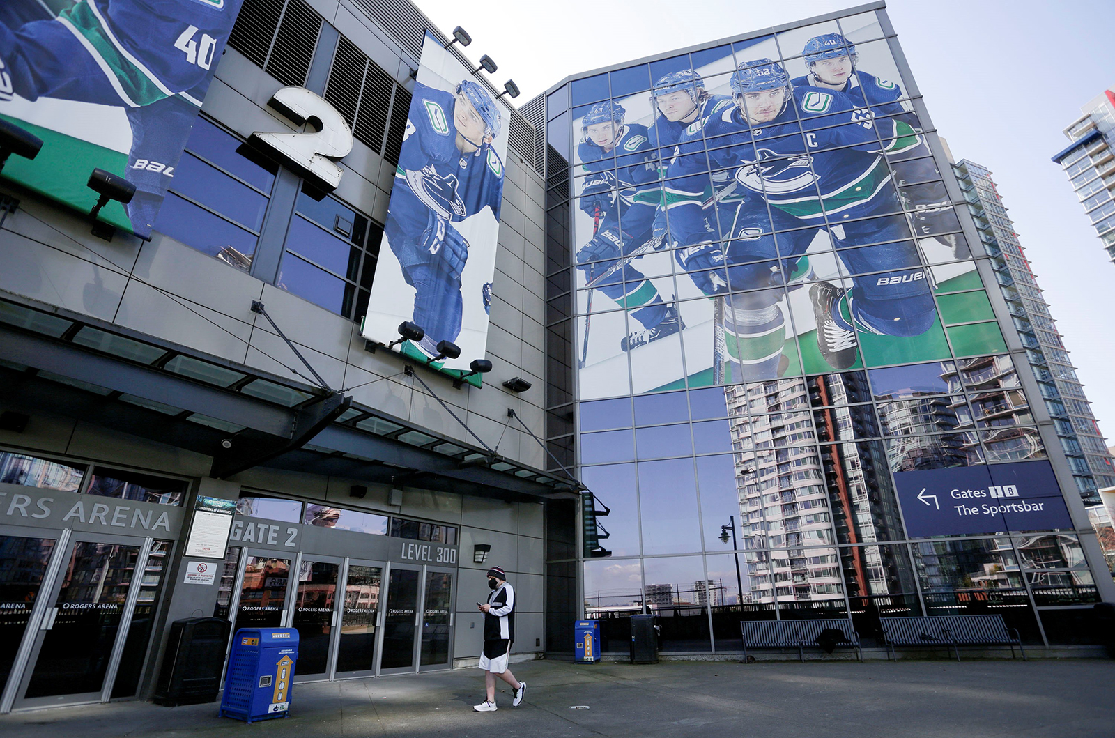 Giant posters of the Canucks players are seen at the entrance of Rogers Arena in Vancouver, British Columbia, Canada, April 5.