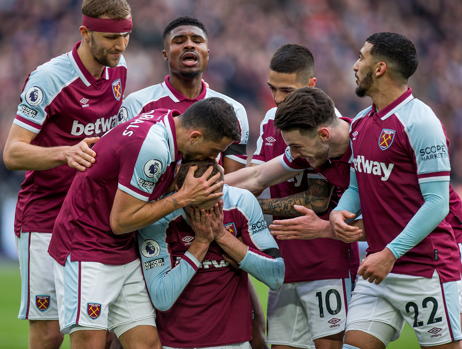 Andrey Yarmolenko (C) of West Ham reacts after scoring during the Premier League match between West Ham United and Aston Villa at the London Stadium, Stratford, England, on March 13.