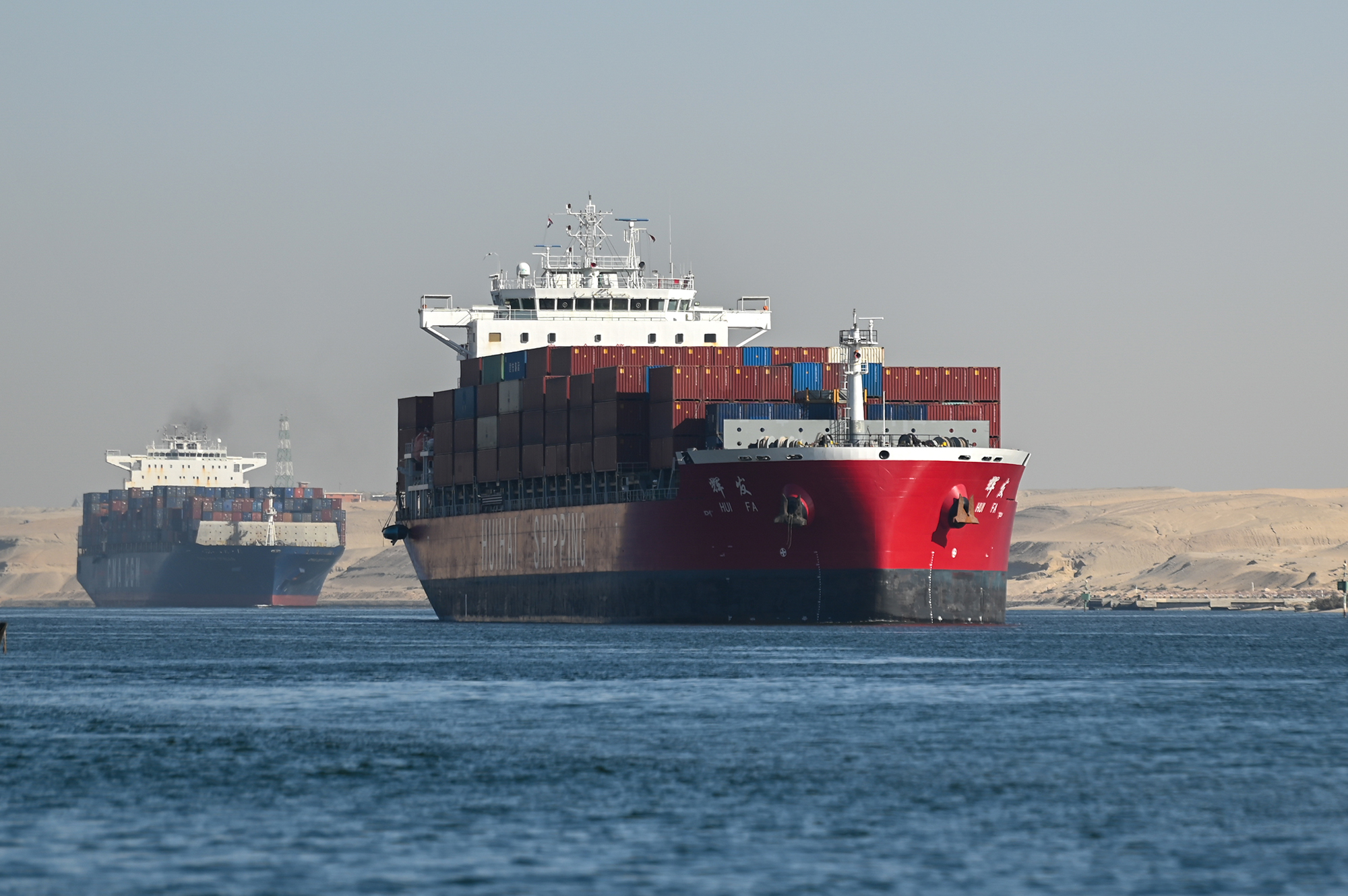Ships transit the Suez Canal toward the Red Sea on January 10, in Ismailia, Egypt.