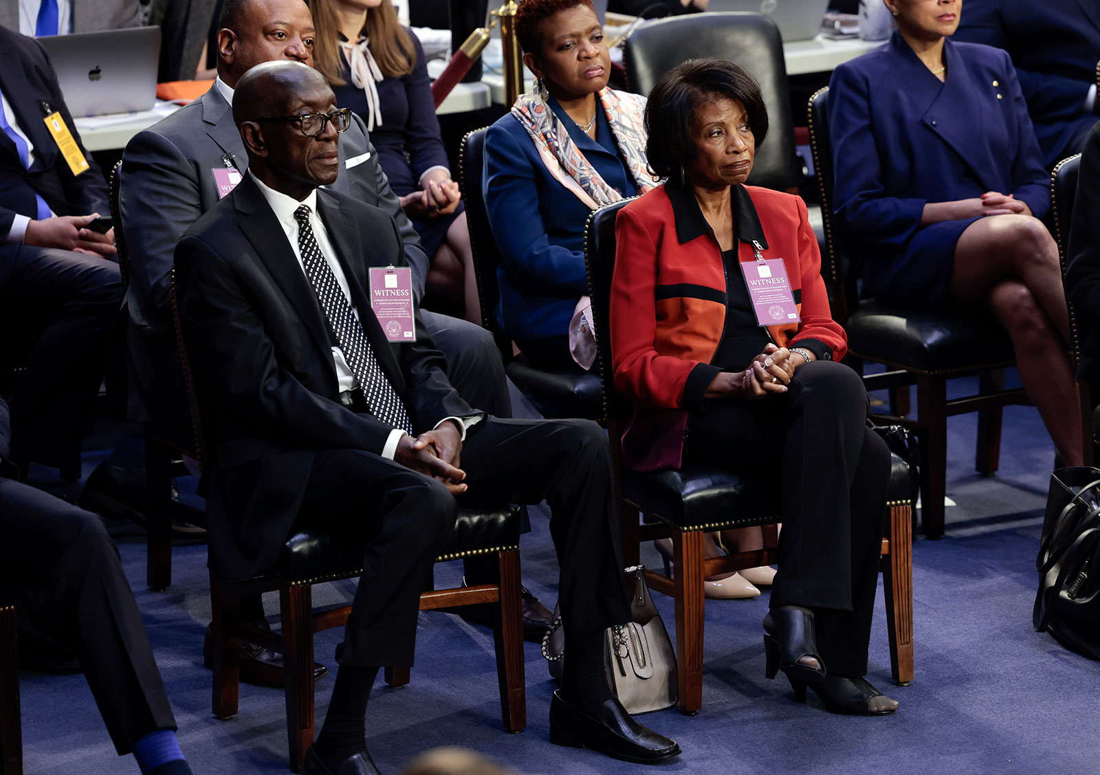The parents of U.S. Supreme Court nominee Judge Ketanji Brown Jackson, Johnny and Ellery Brown, listen during their daughter's confirmation hearing on Monday. (Photo by Anna Moneymaker/Getty Images)