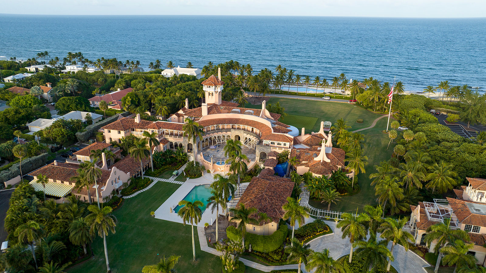 An aerial view of former President Donald Trump's Mar-a-Lago estate is pictured on Wednesday, August 10, in Palm Beach, Florida. 